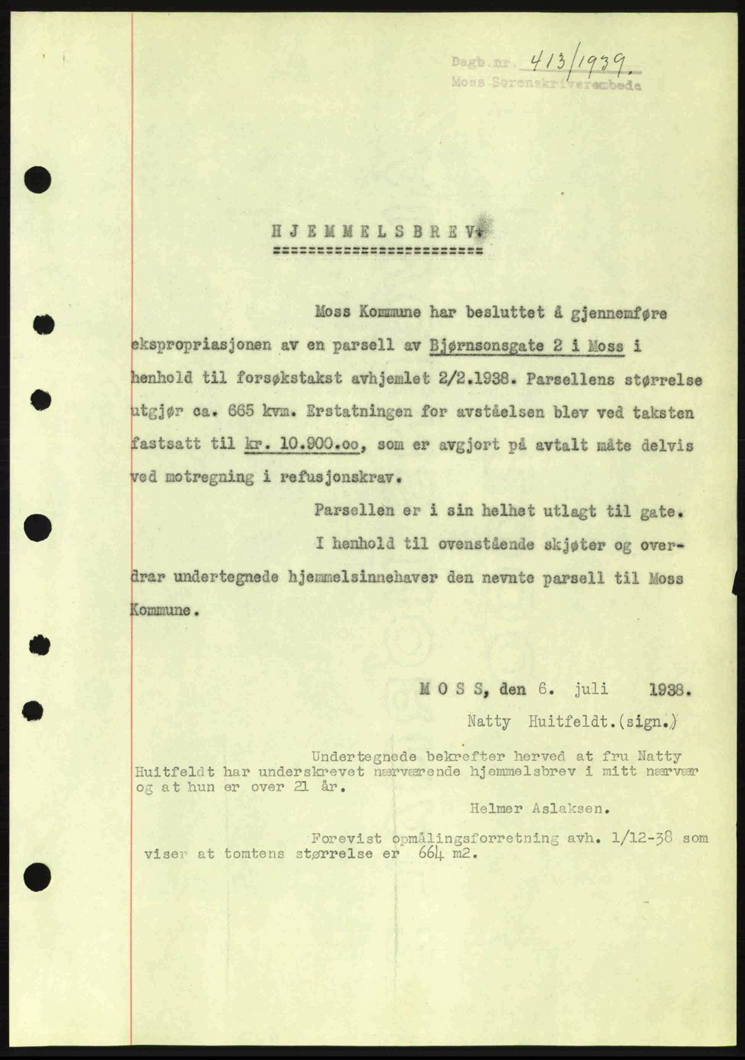 Moss sorenskriveri, SAO/A-10168: Mortgage book no. A5, 1938-1939, Diary no: : 413/1939