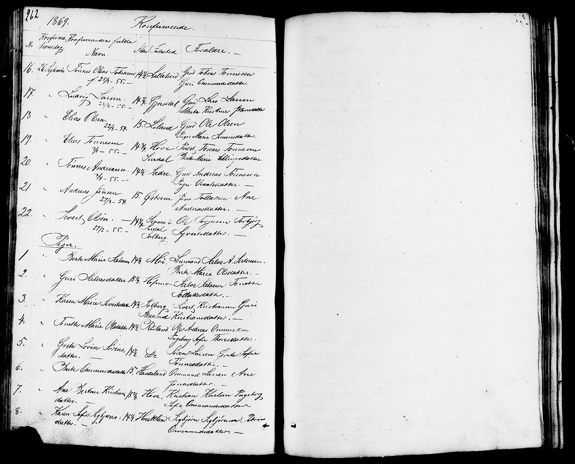 Lund sokneprestkontor, AV/SAST-A-101809/S07/L0003: Parish register (copy) no. B 3, 1848-1885, p. 262