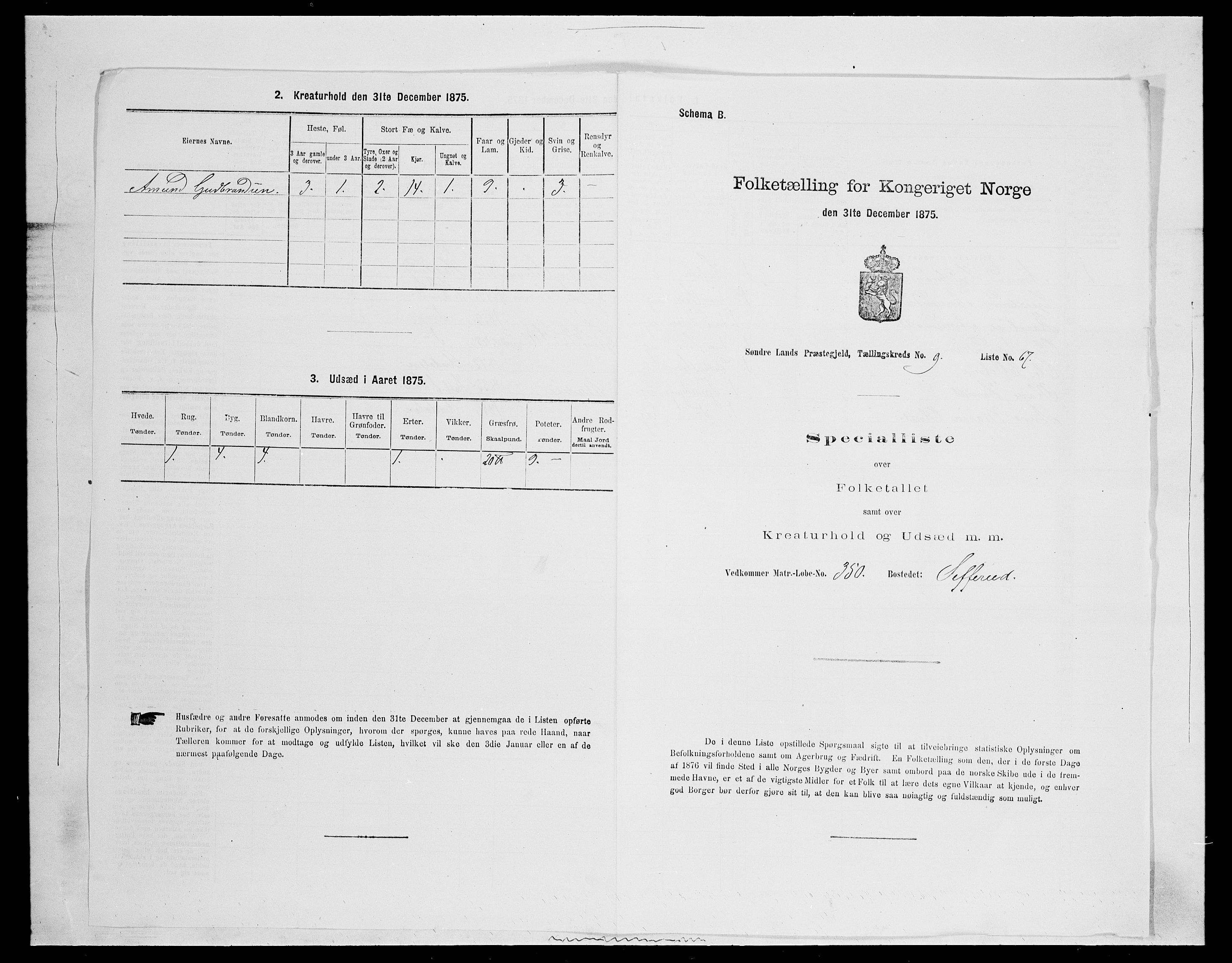 SAH, 1875 census for 0536P Søndre Land, 1875, p. 1450