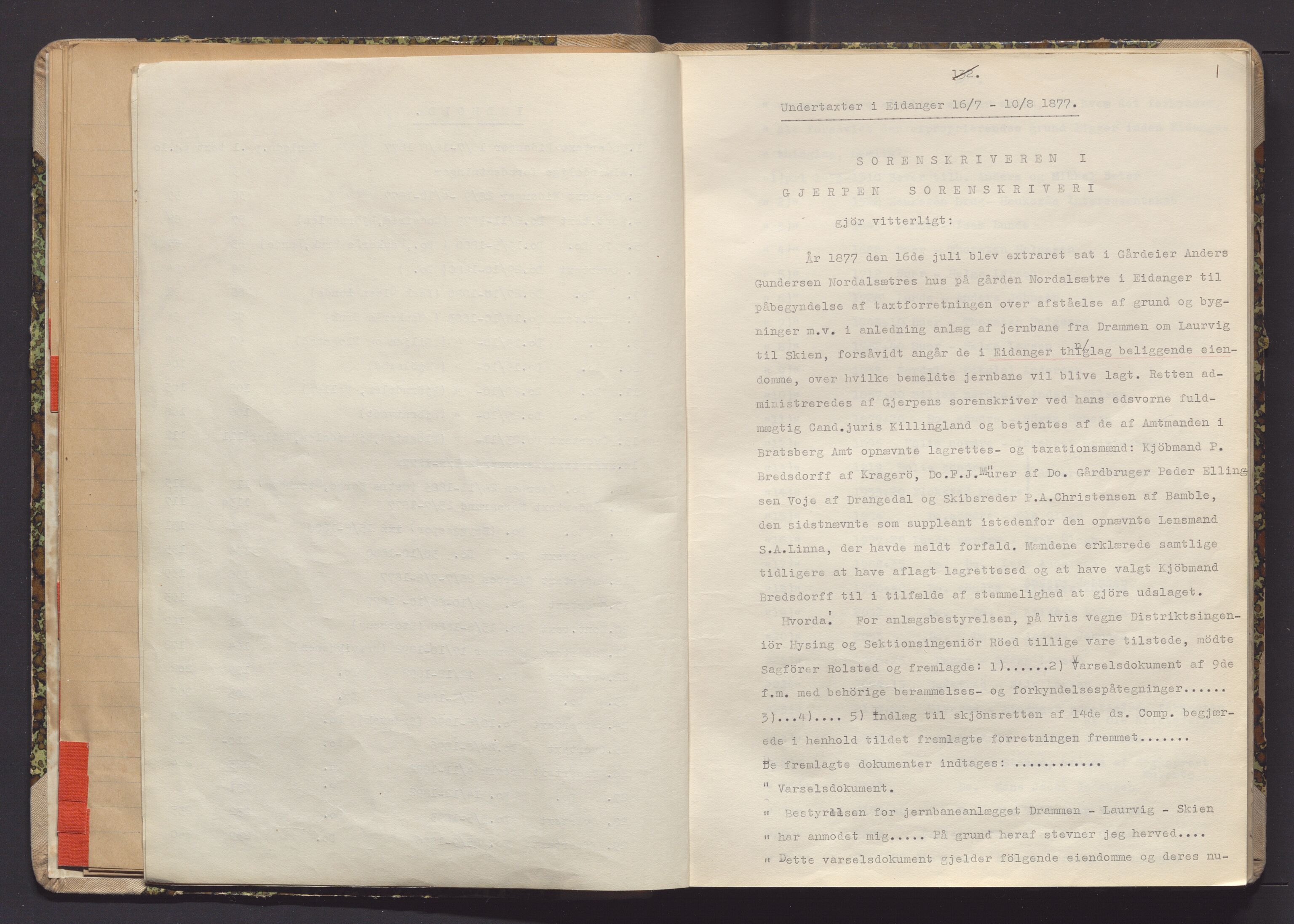 Norges Statsbaner Drammen distrikt (NSB), AV/SAKO-A-30/Y/Yc/L0007: Takster Vestfoldbanen strekningen Eidanger-Porsgrunn-Gjerpen samt sidelinjen Eidanger-Brevik, 1877-1896, p. 1