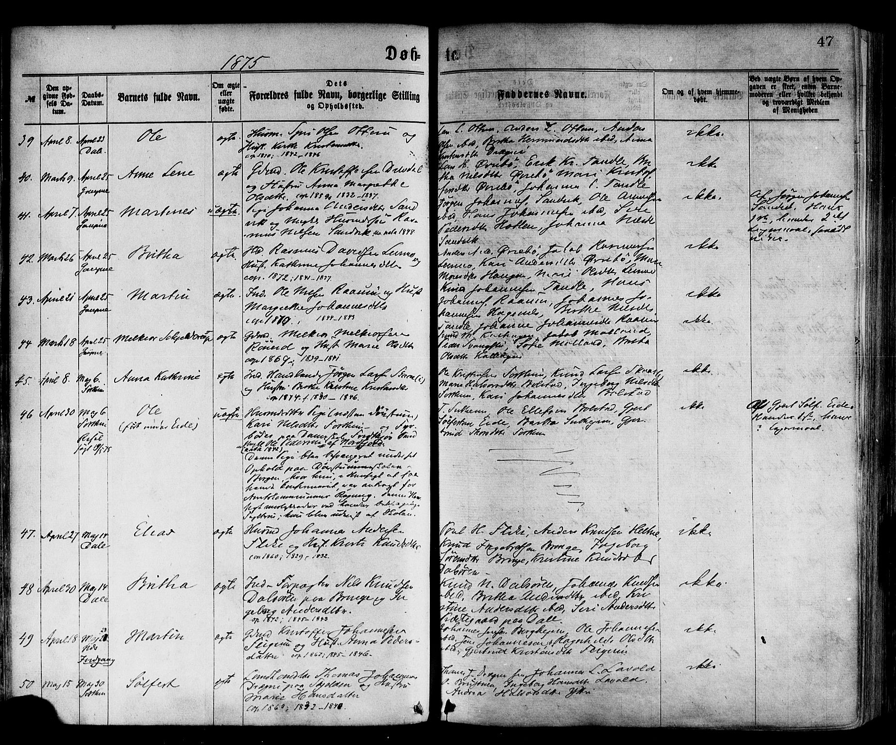 Luster sokneprestembete, SAB/A-81101/H/Haa/Haaa/L0010: Parish register (official) no. A 10, 1871-1886, p. 47