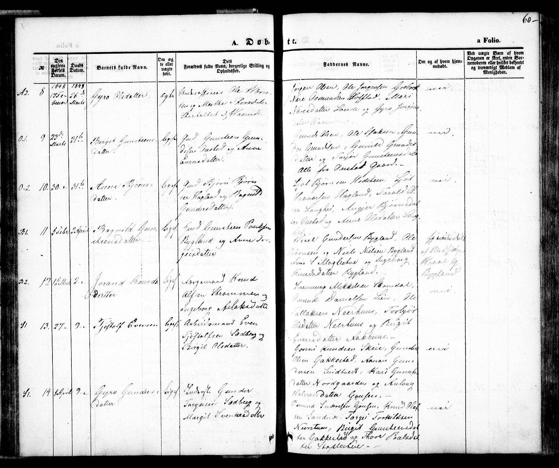 Bygland sokneprestkontor, AV/SAK-1111-0006/F/Fa/Fab/L0004: Parish register (official) no. A 4, 1842-1858, p. 60