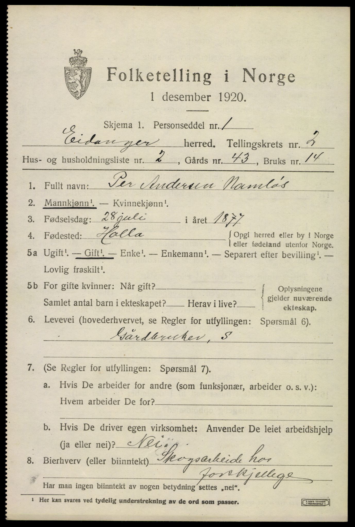 SAKO, 1920 census for Eidanger, 1920, p. 2926