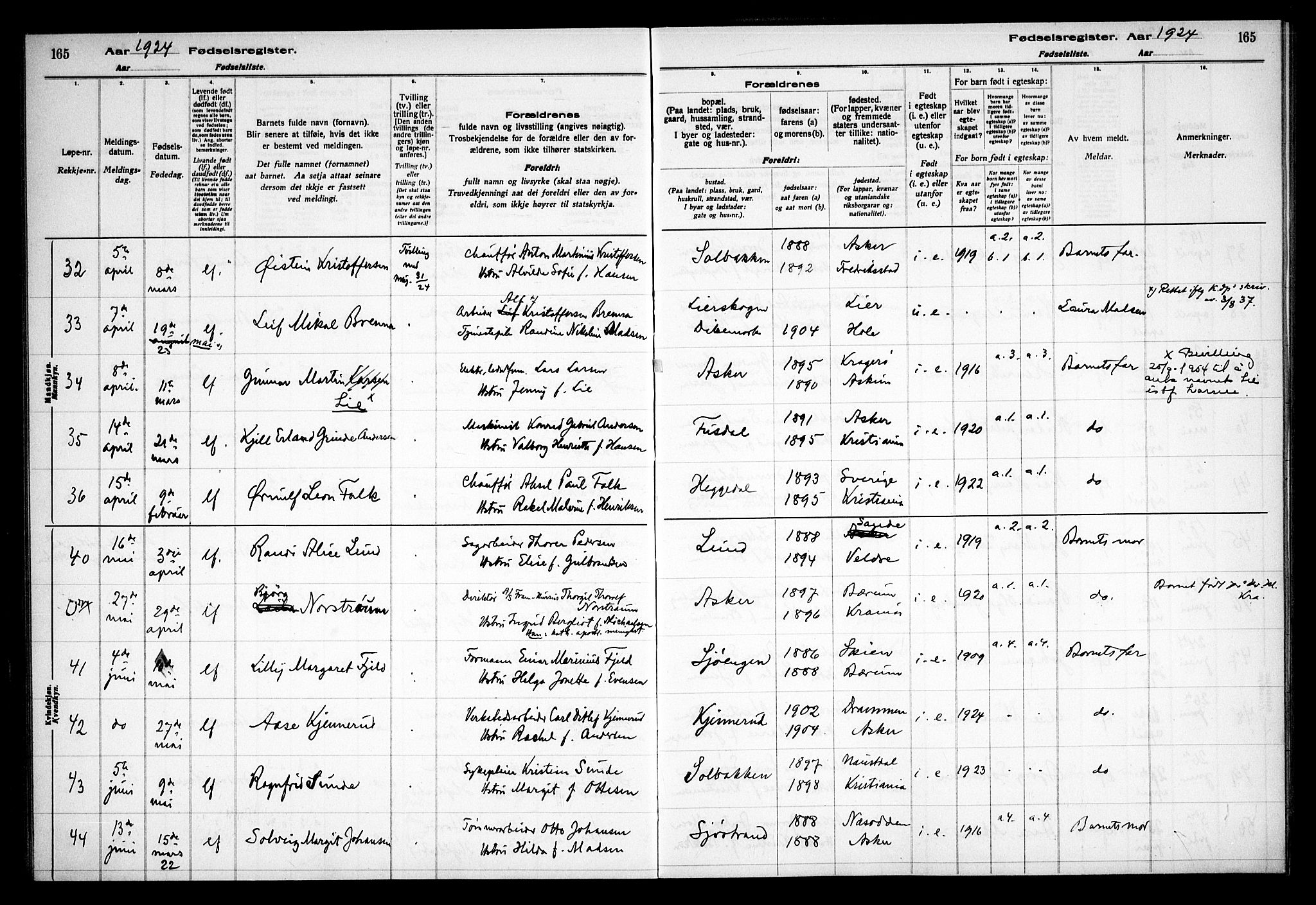 Asker prestekontor Kirkebøker, AV/SAO-A-10256a/J/L0001: Birth register no. 1, 1916-1925, p. 165