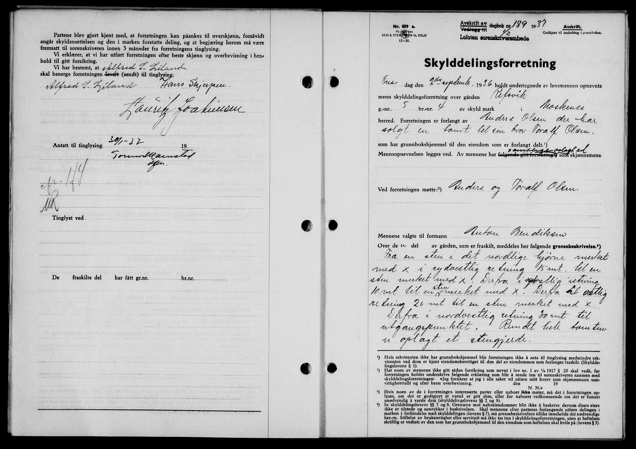 Lofoten sorenskriveri, SAT/A-0017/1/2/2C/L0001a: Mortgage book no. 1a, 1936-1937, Diary no: : 189/1937