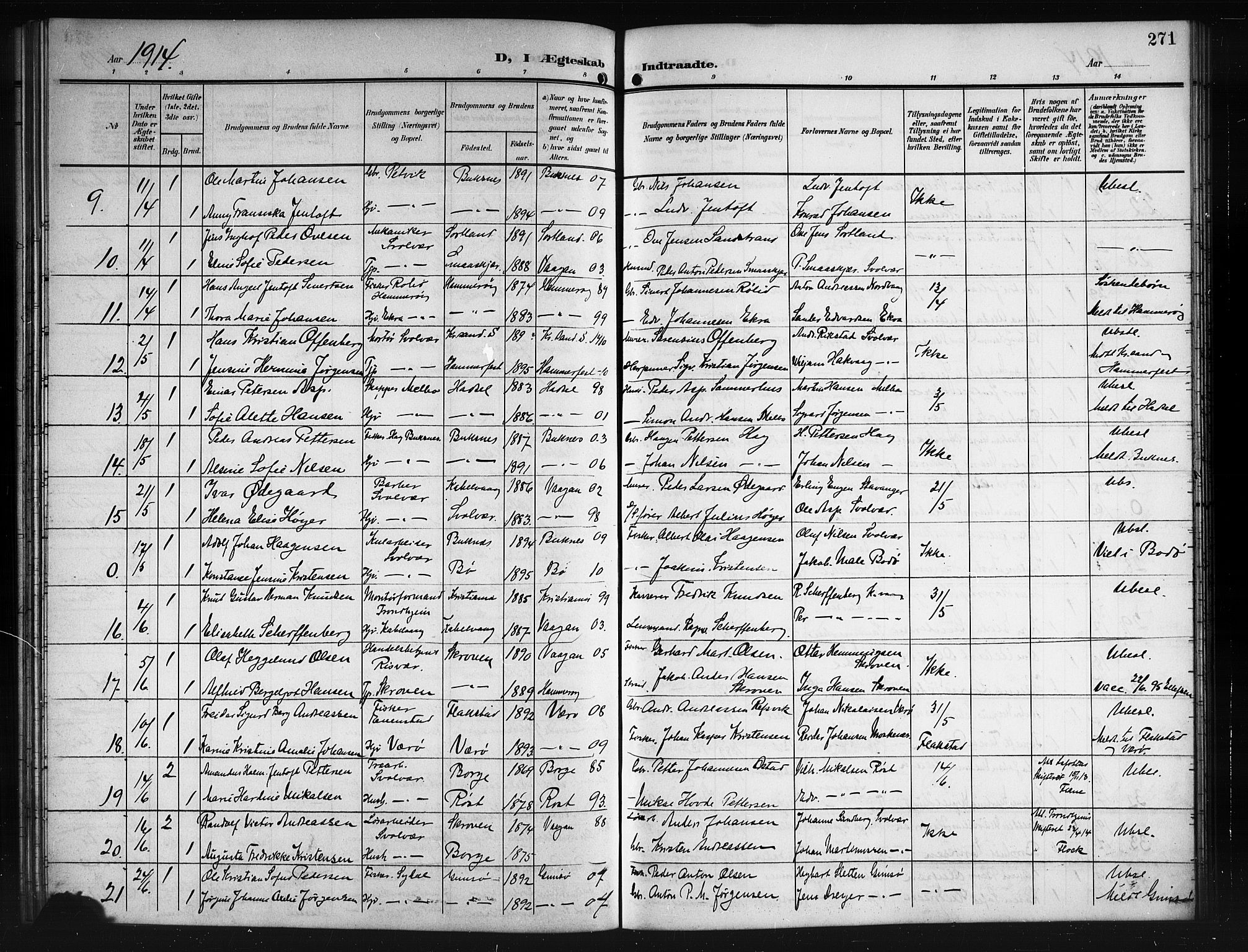 Ministerialprotokoller, klokkerbøker og fødselsregistre - Nordland, SAT/A-1459/874/L1079: Parish register (copy) no. 874C08, 1907-1915, p. 271