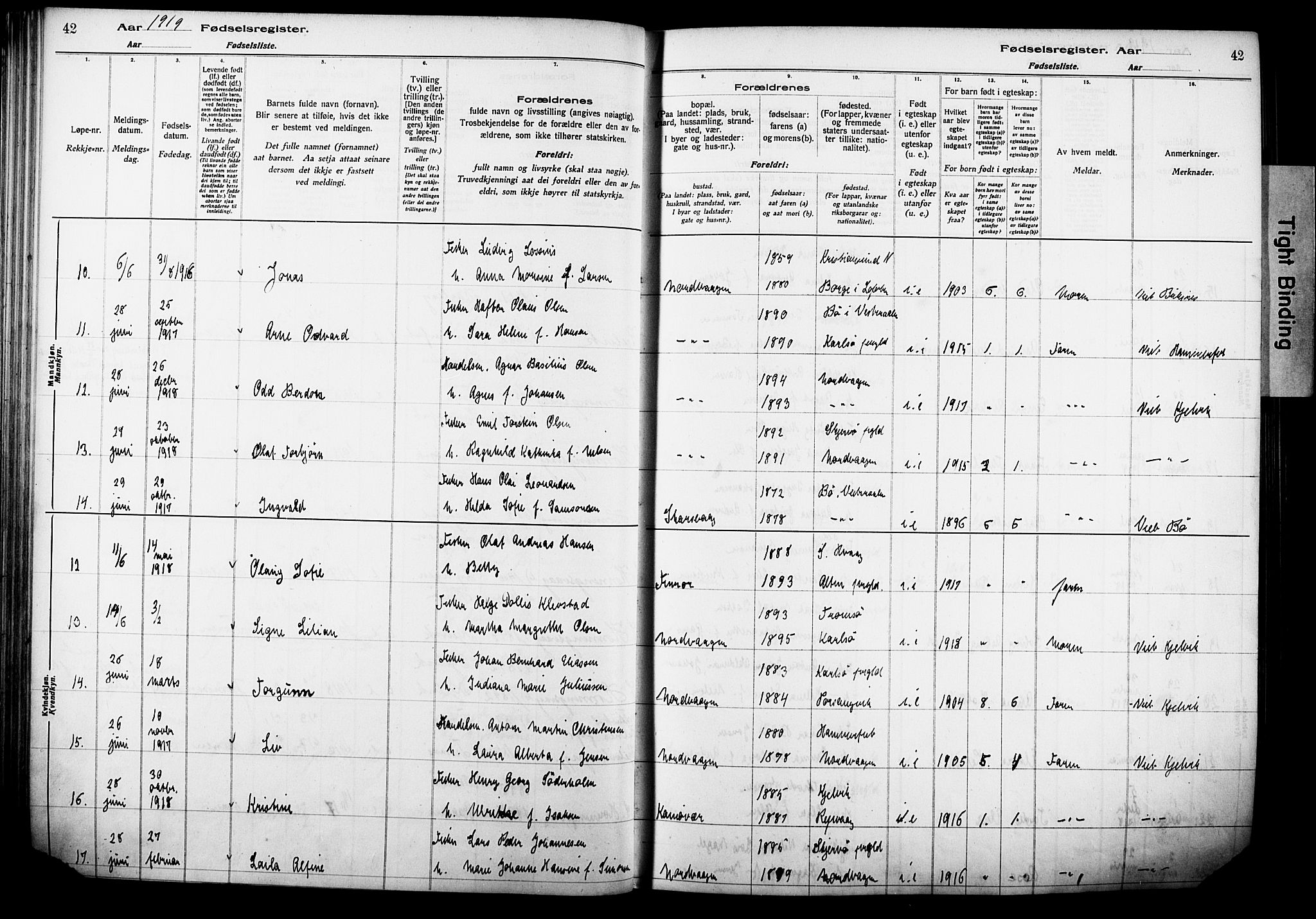 Kjelvik/Nordkapp sokneprestkontor, AV/SATØ-S-1350/I/Ia/L0015: Birth register no. 15, 1916-1930, p. 42