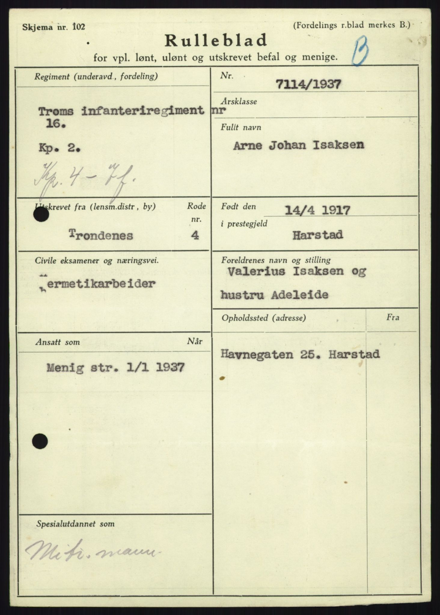 Forsvaret, Troms infanteriregiment nr. 16, AV/RA-RAFA-3146/P/Pa/L0021: Rulleblad for regimentets menige mannskaper, årsklasse 1937, 1937, p. 413