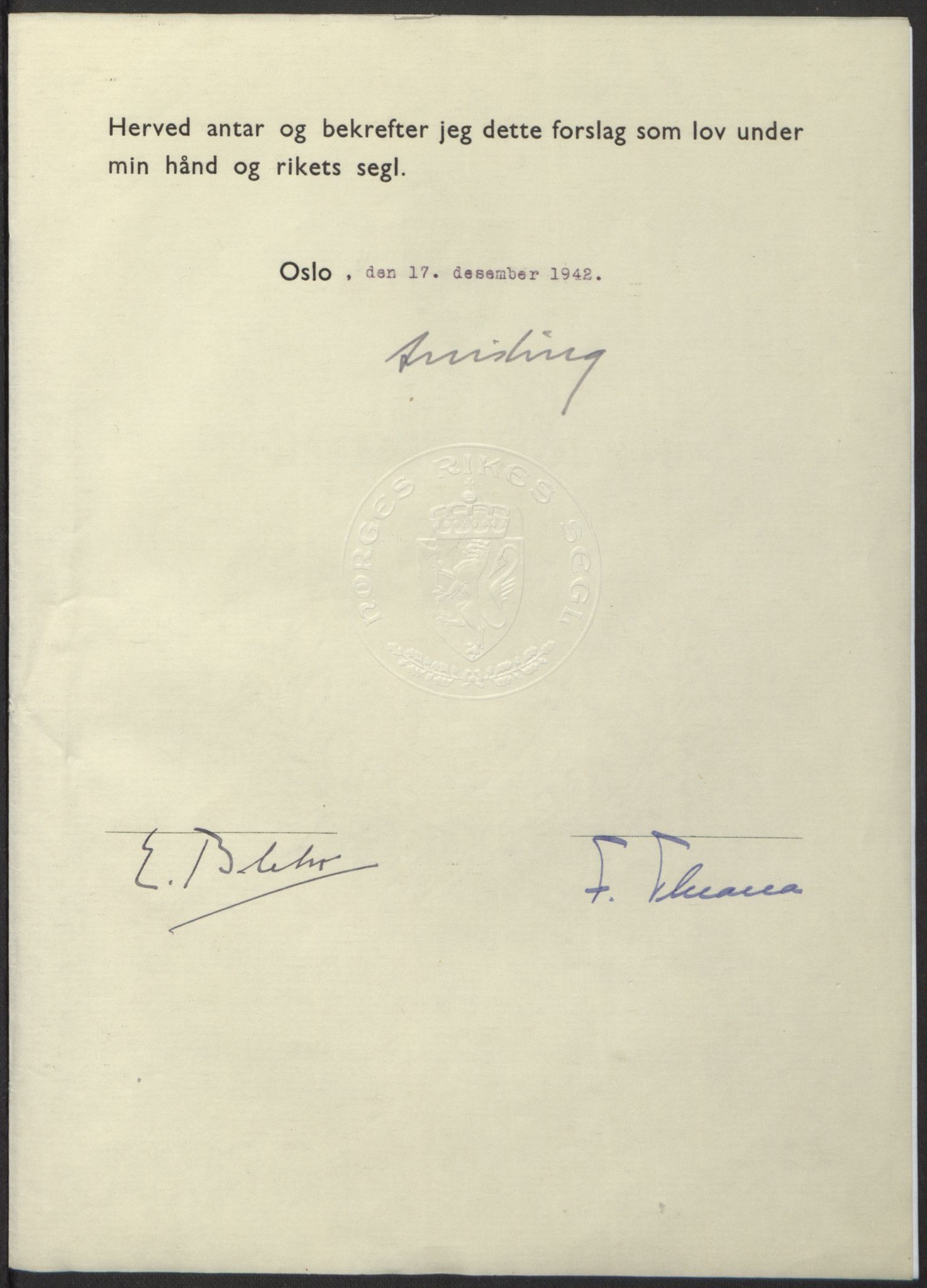 NS-administrasjonen 1940-1945 (Statsrådsekretariatet, de kommisariske statsråder mm), AV/RA-S-4279/D/Db/L0098: Lover II, 1942, p. 596