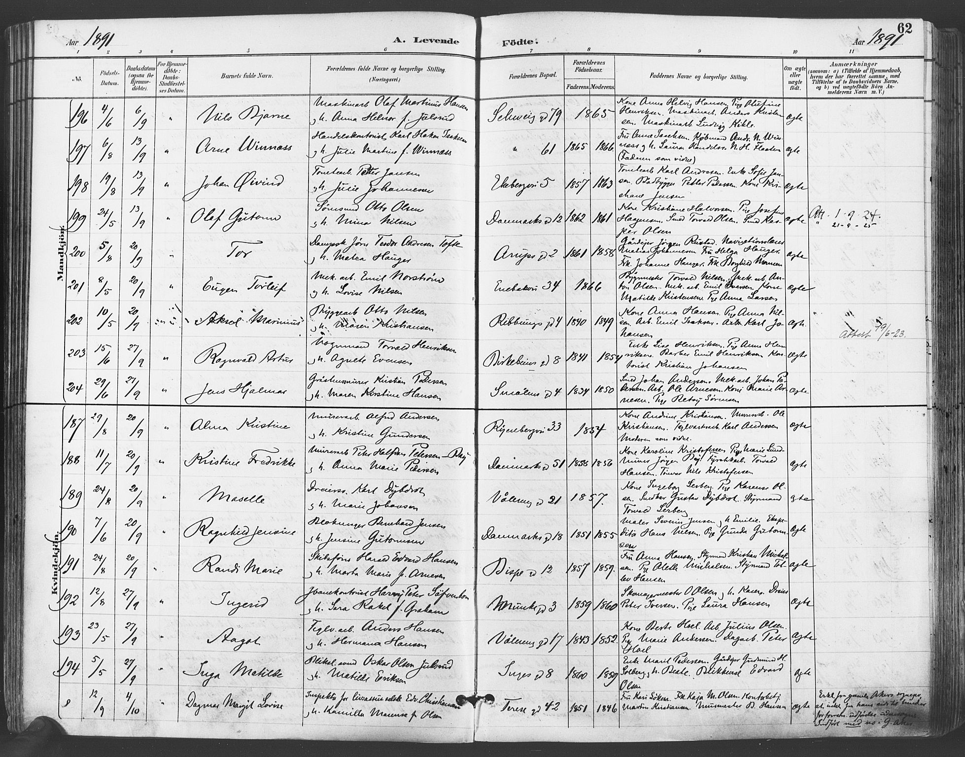 Gamlebyen prestekontor Kirkebøker, SAO/A-10884/F/Fa/L0007: Parish register (official) no. 7, 1889-1899, p. 62