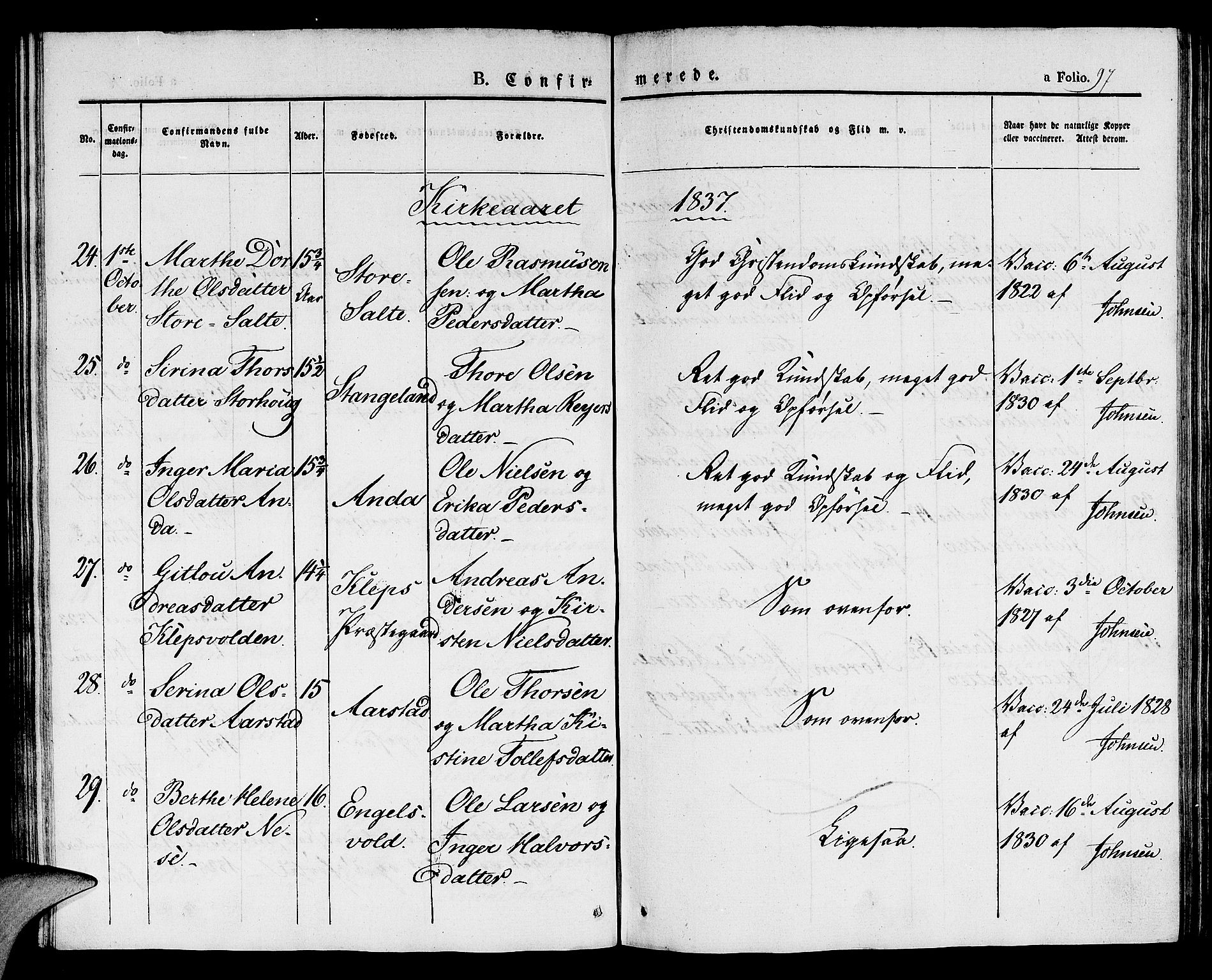 Klepp sokneprestkontor, SAST/A-101803/001/3/30BA/L0003: Parish register (official) no. A 3, 1833-1842, p. 97