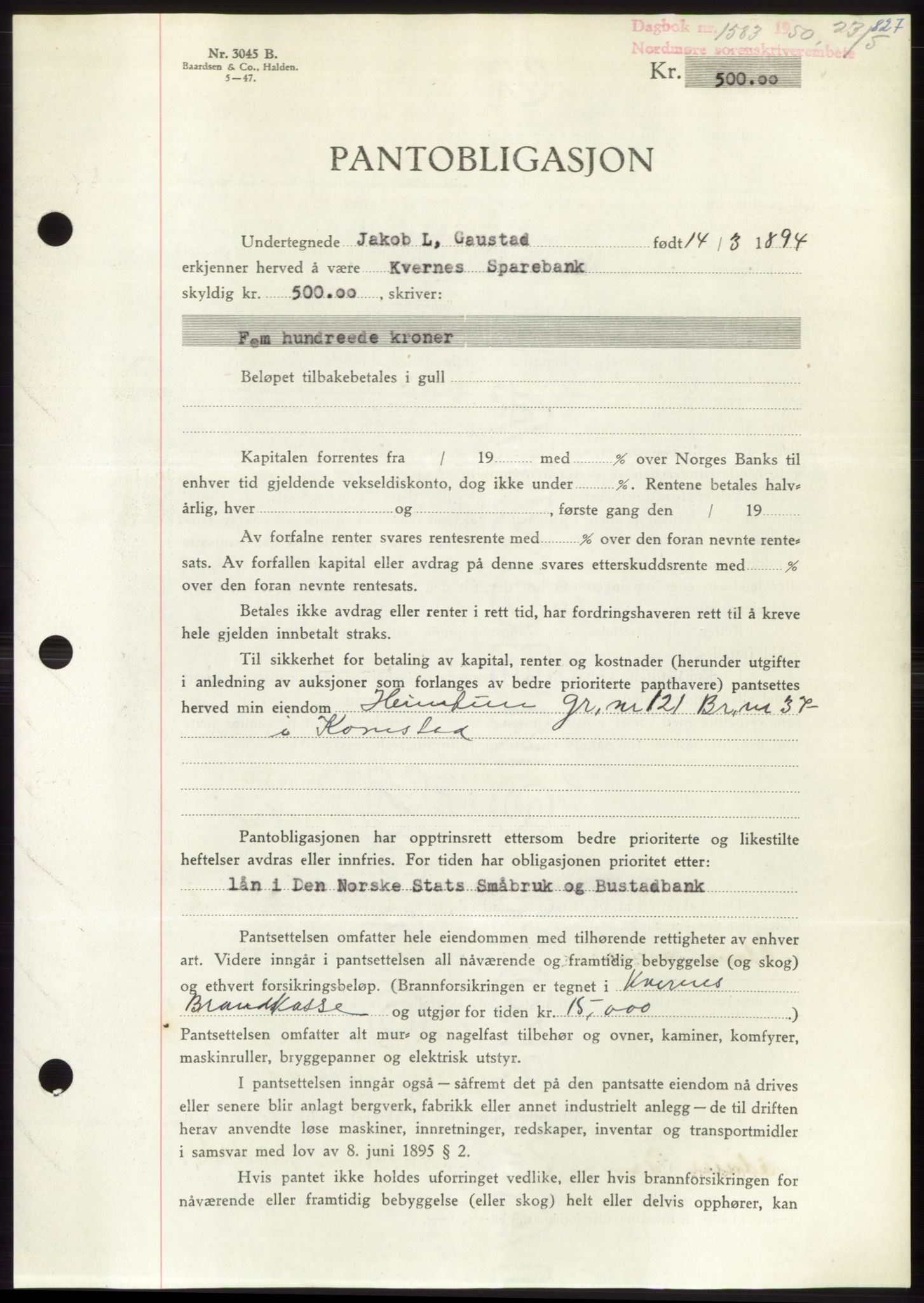 Nordmøre sorenskriveri, AV/SAT-A-4132/1/2/2Ca: Mortgage book no. B104, 1950-1950, Diary no: : 1583/1950