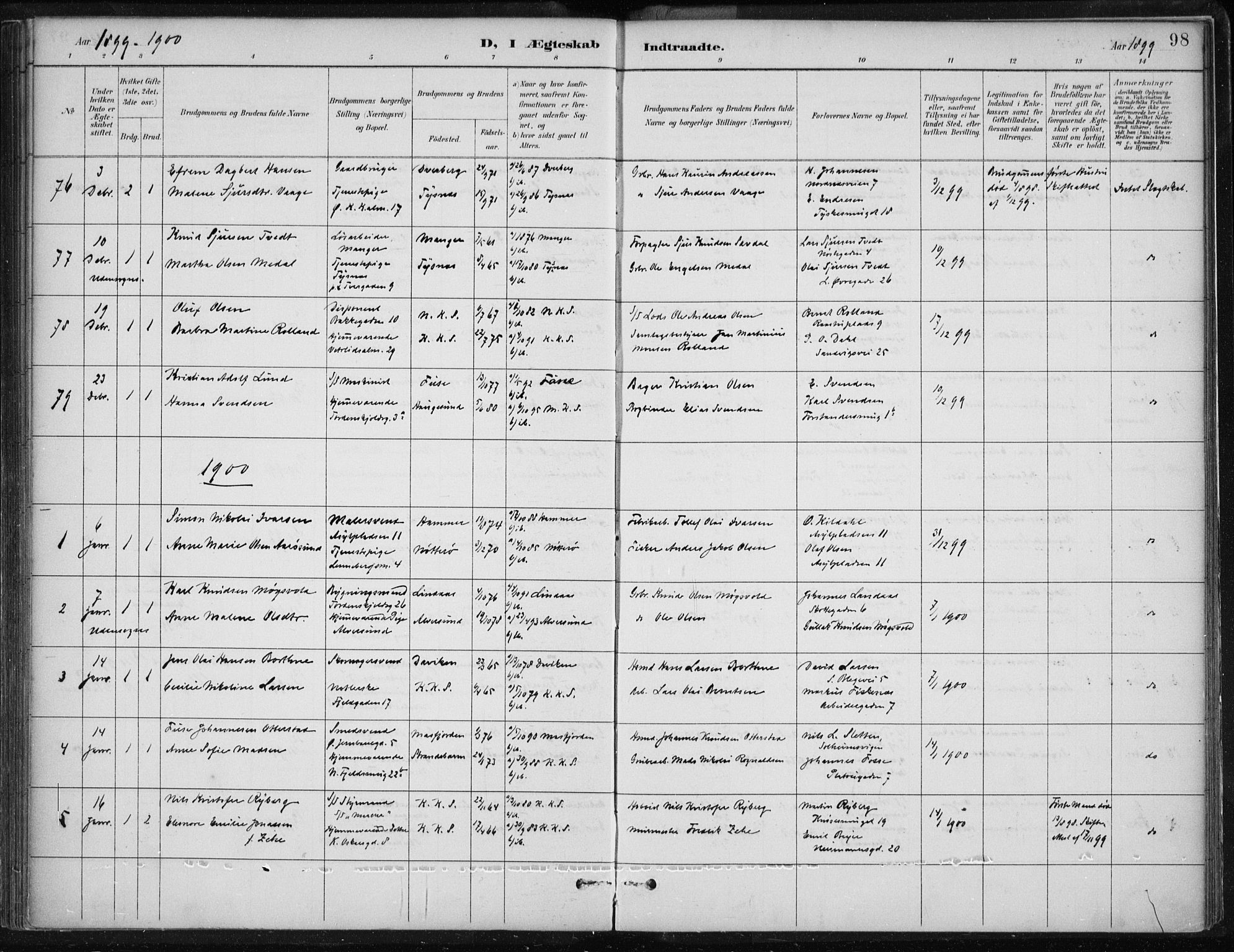 Korskirken sokneprestembete, AV/SAB-A-76101/H/Hab: Parish register (copy) no. D 3, 1887-1906, p. 98