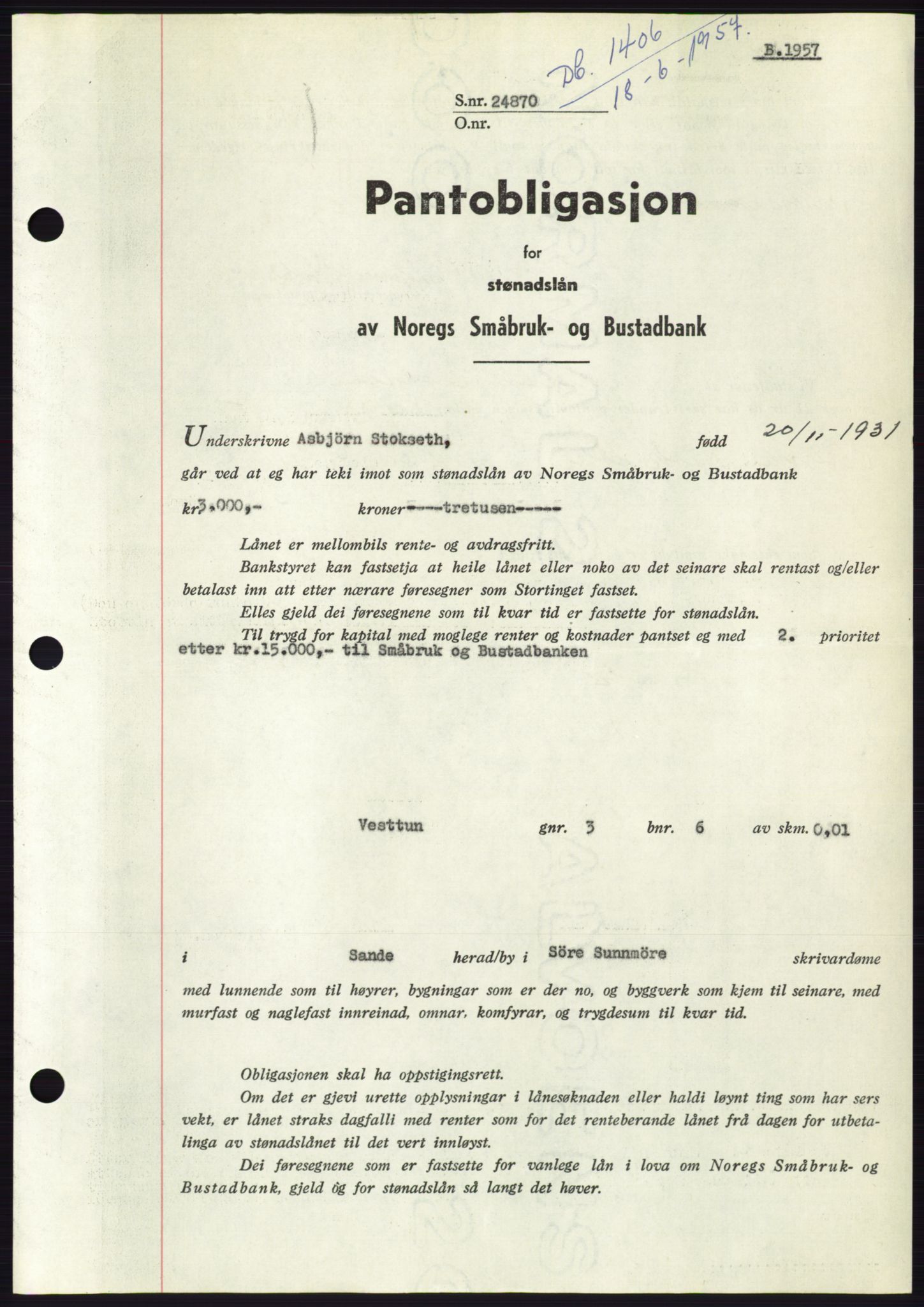 Søre Sunnmøre sorenskriveri, AV/SAT-A-4122/1/2/2C/L0130: Mortgage book no. 18B, 1957-1958, Diary no: : 1406/1957