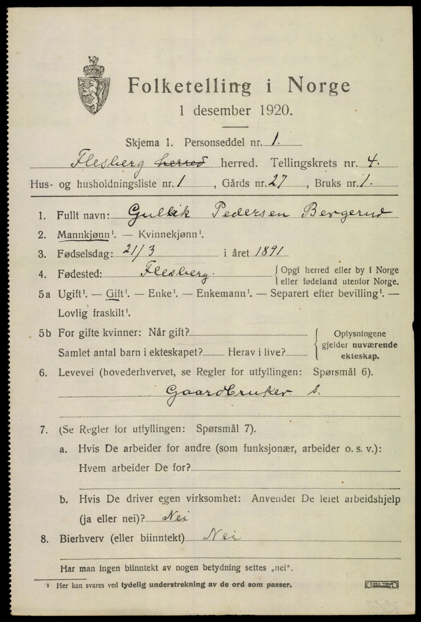 SAKO, 1920 census for Flesberg, 1920, p. 2155
