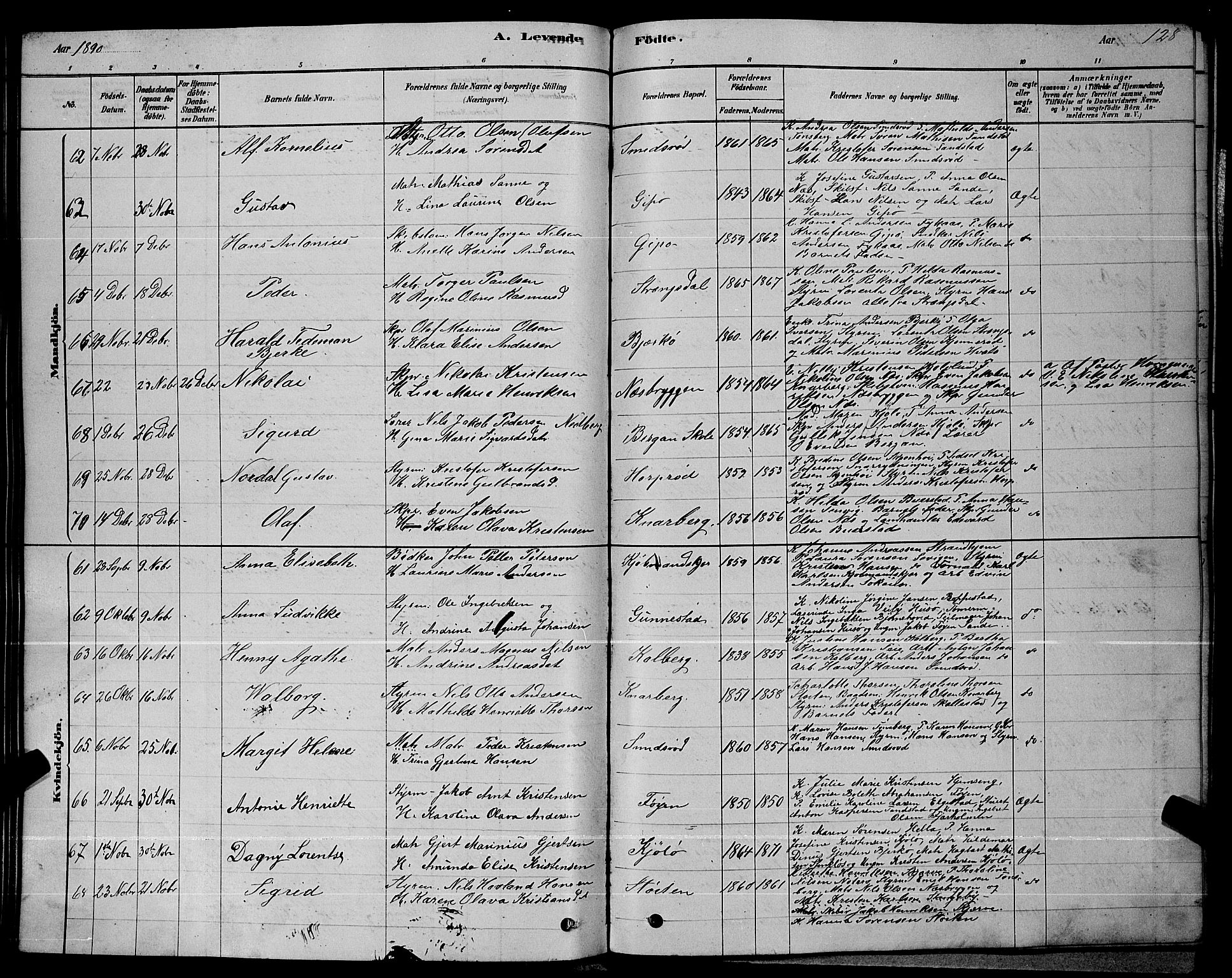 Nøtterøy kirkebøker, AV/SAKO-A-354/G/Ga/L0003: Parish register (copy) no. I 3, 1878-1893, p. 128