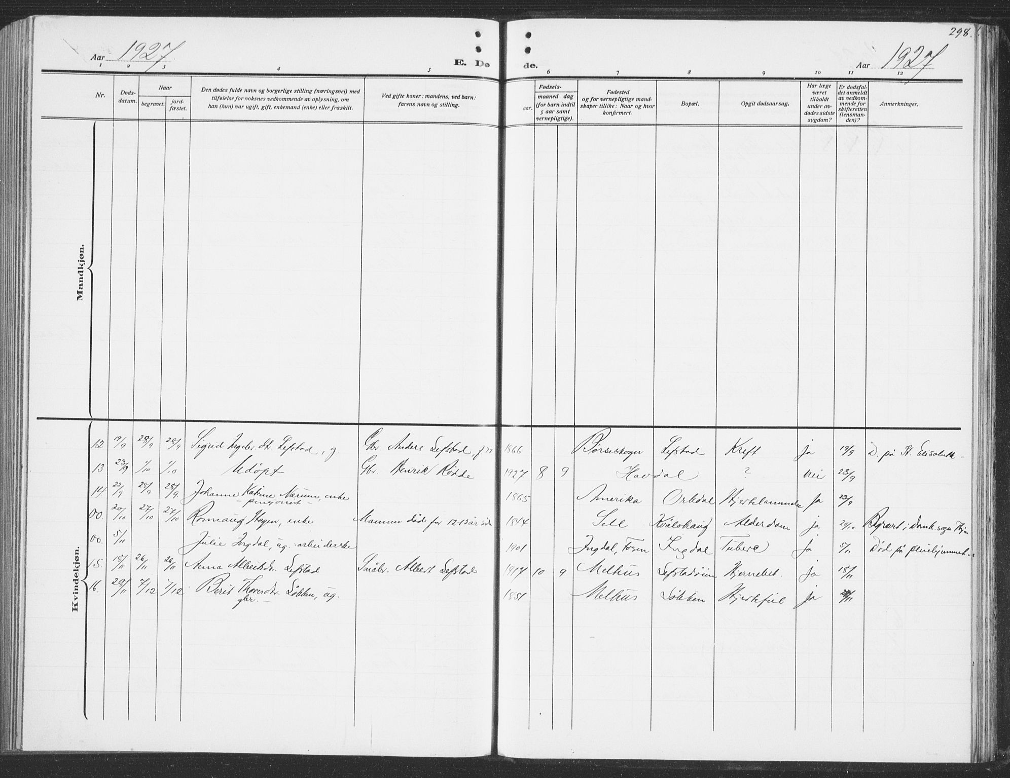 Ministerialprotokoller, klokkerbøker og fødselsregistre - Sør-Trøndelag, AV/SAT-A-1456/691/L1095: Parish register (copy) no. 691C06, 1912-1933, p. 298