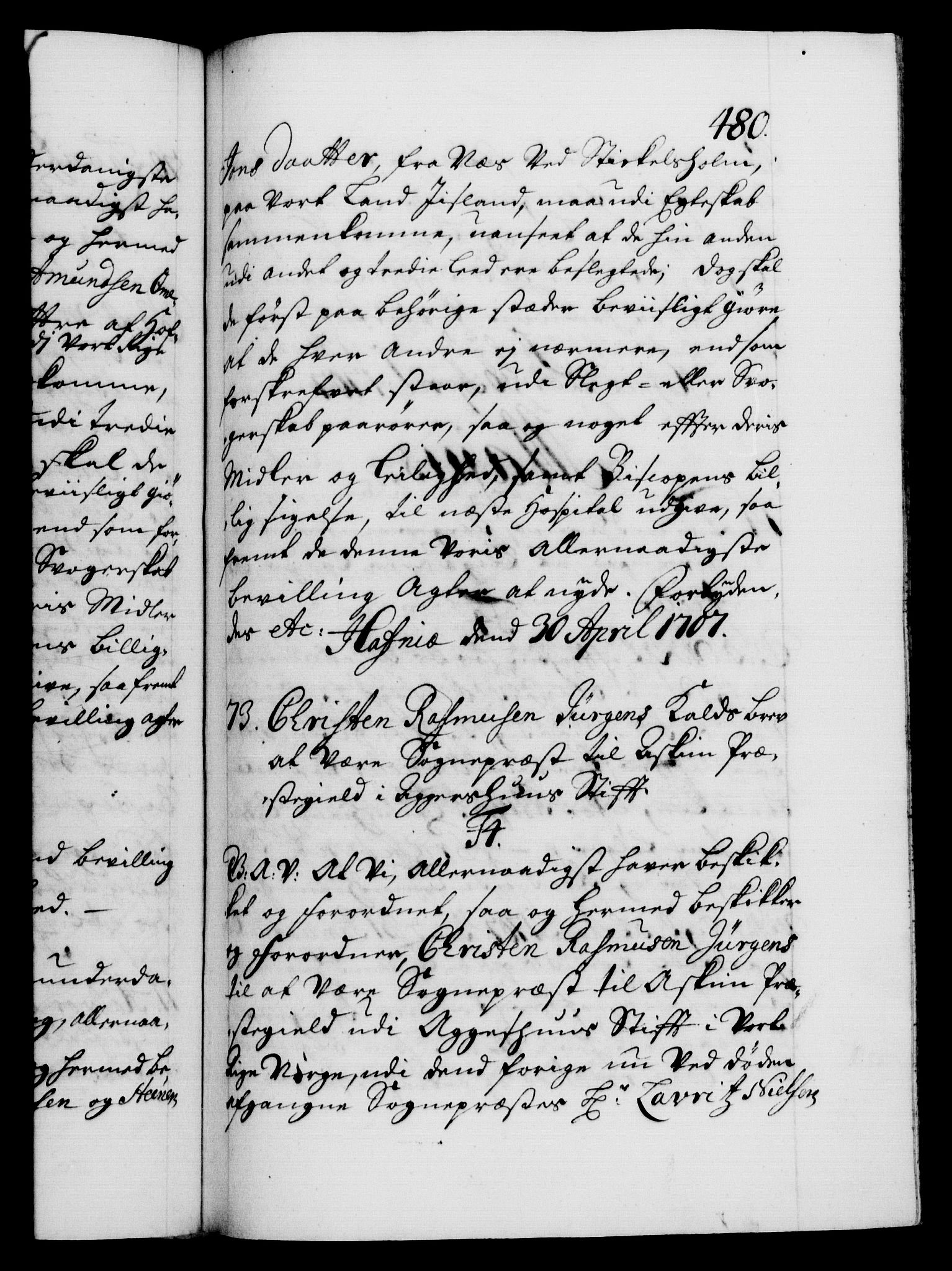 Danske Kanselli 1572-1799, AV/RA-EA-3023/F/Fc/Fca/Fcaa/L0019: Norske registre, 1704-1707, p. 480a