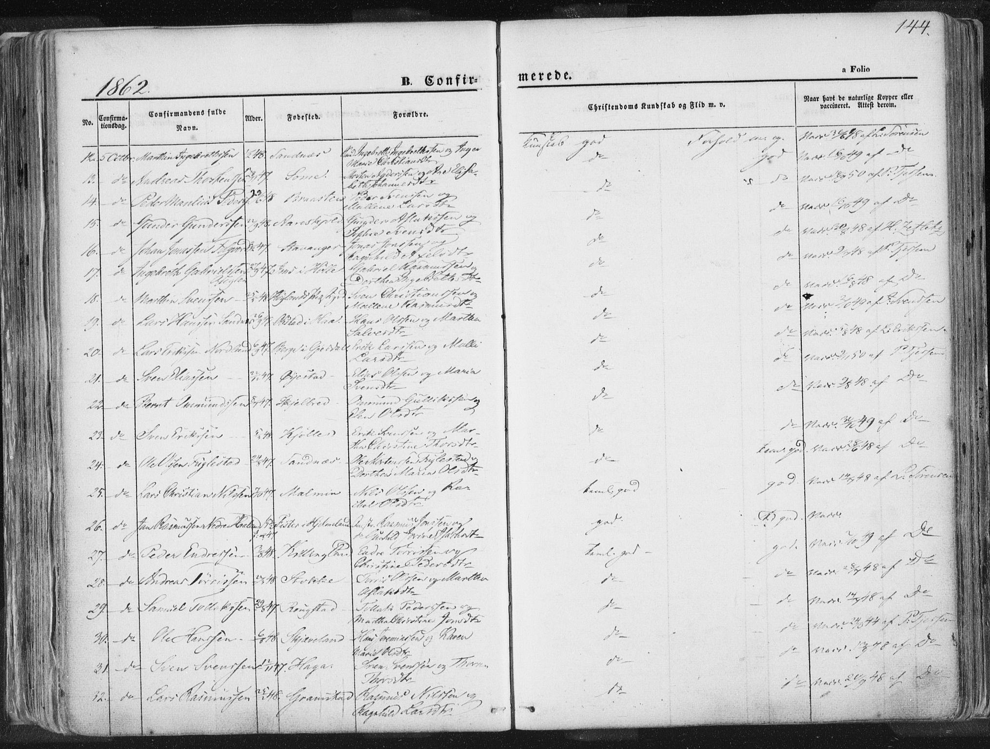 Høyland sokneprestkontor, SAST/A-101799/001/30BA/L0010: Parish register (official) no. A 9.1, 1857-1877, p. 144