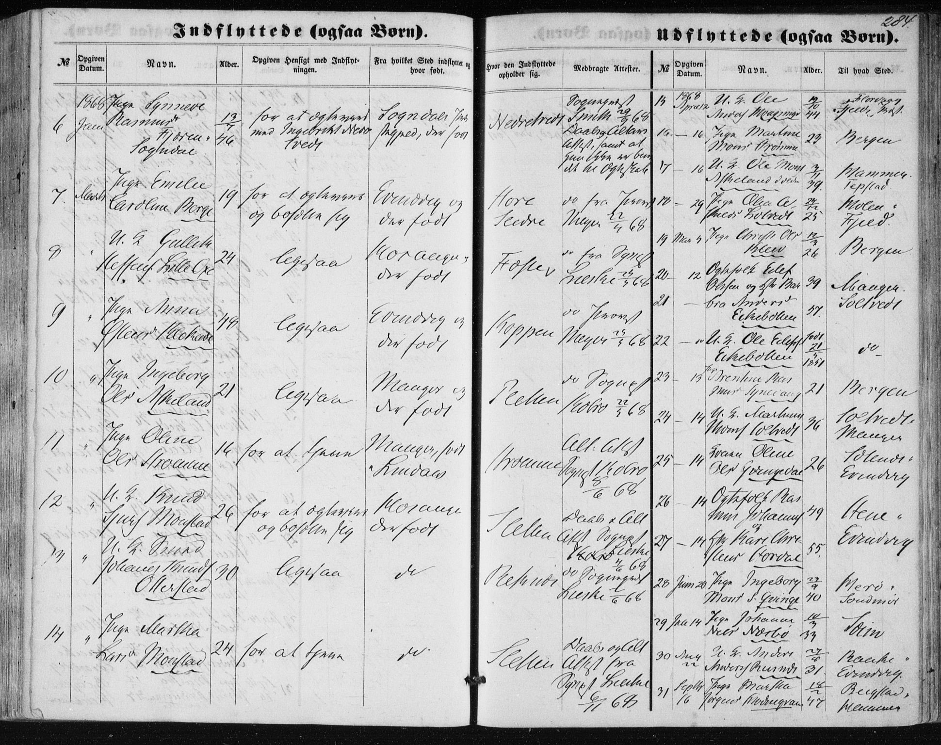 Lindås Sokneprestembete, SAB/A-76701/H/Haa: Parish register (official) no. A 16, 1863-1875, p. 284