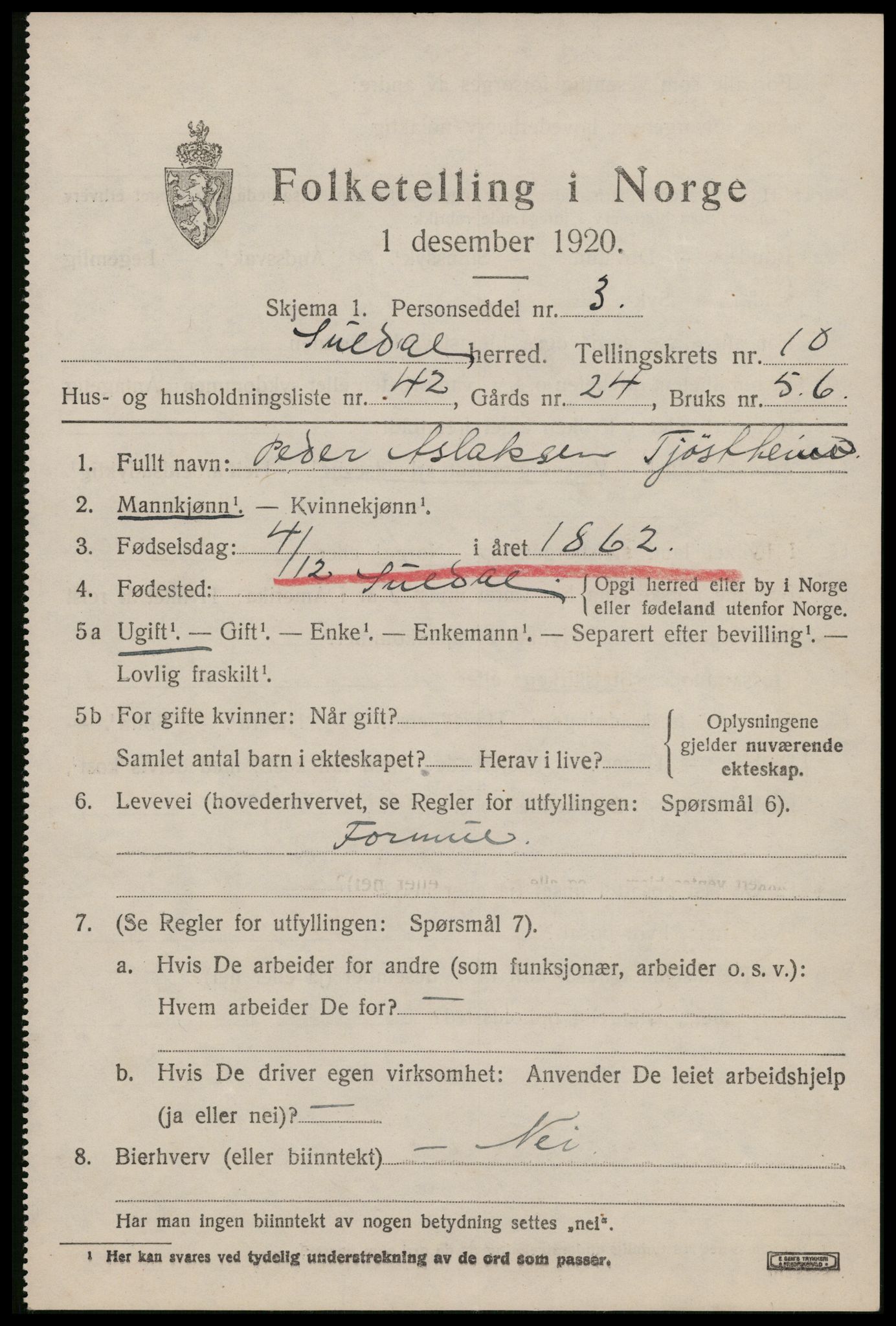 SAST, 1920 census for Suldal, 1920, p. 3224