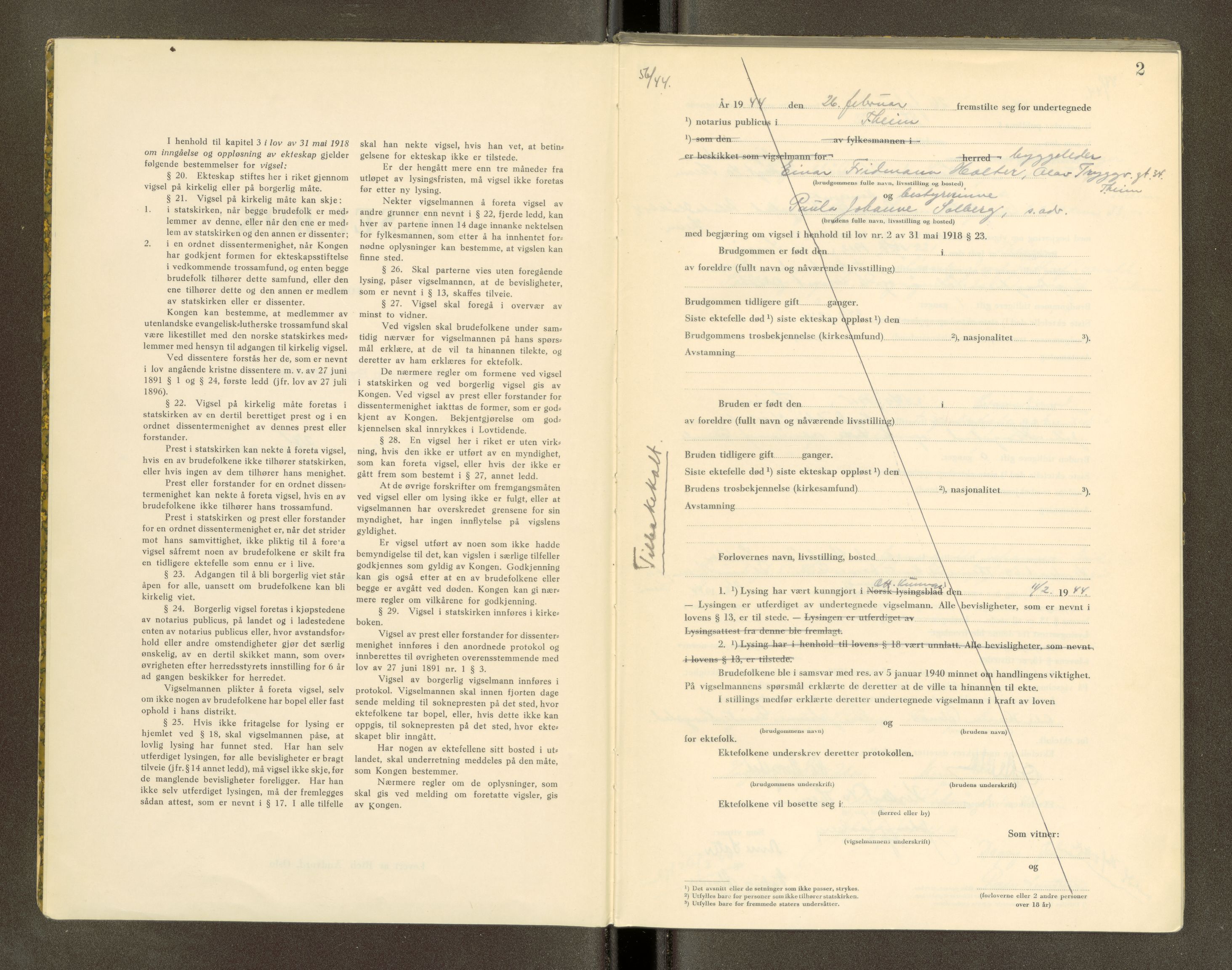 Trondheim byfogd, AV/SAT-A-0003/1/6/6D/L0004: Vigselbøker, 1943-1944, p. 2