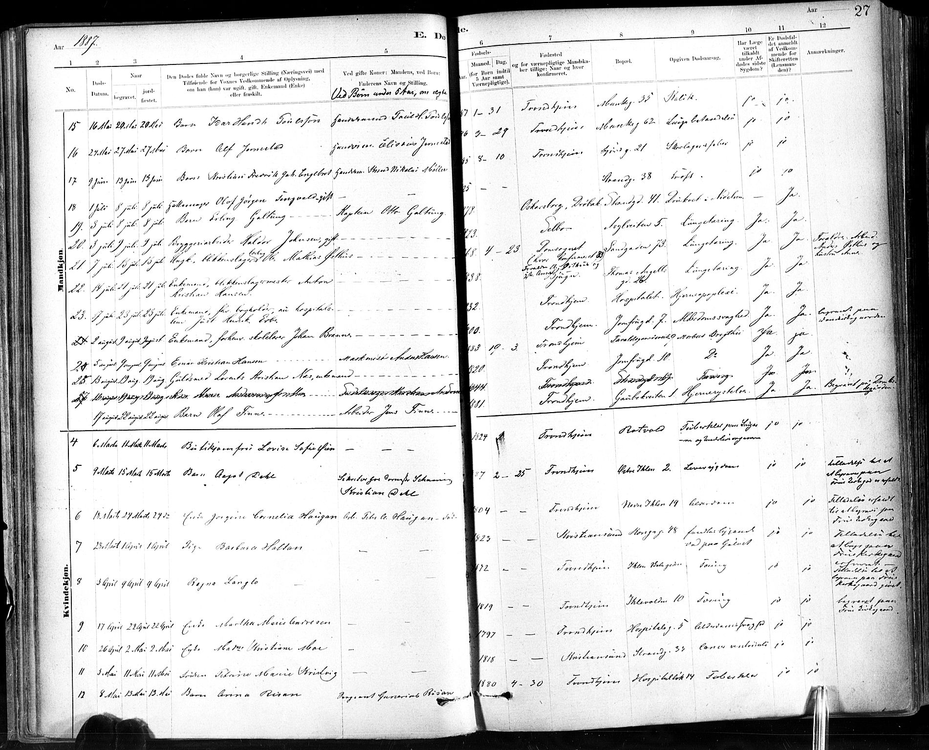 Ministerialprotokoller, klokkerbøker og fødselsregistre - Sør-Trøndelag, AV/SAT-A-1456/602/L0120: Parish register (official) no. 602A18, 1880-1913, p. 27