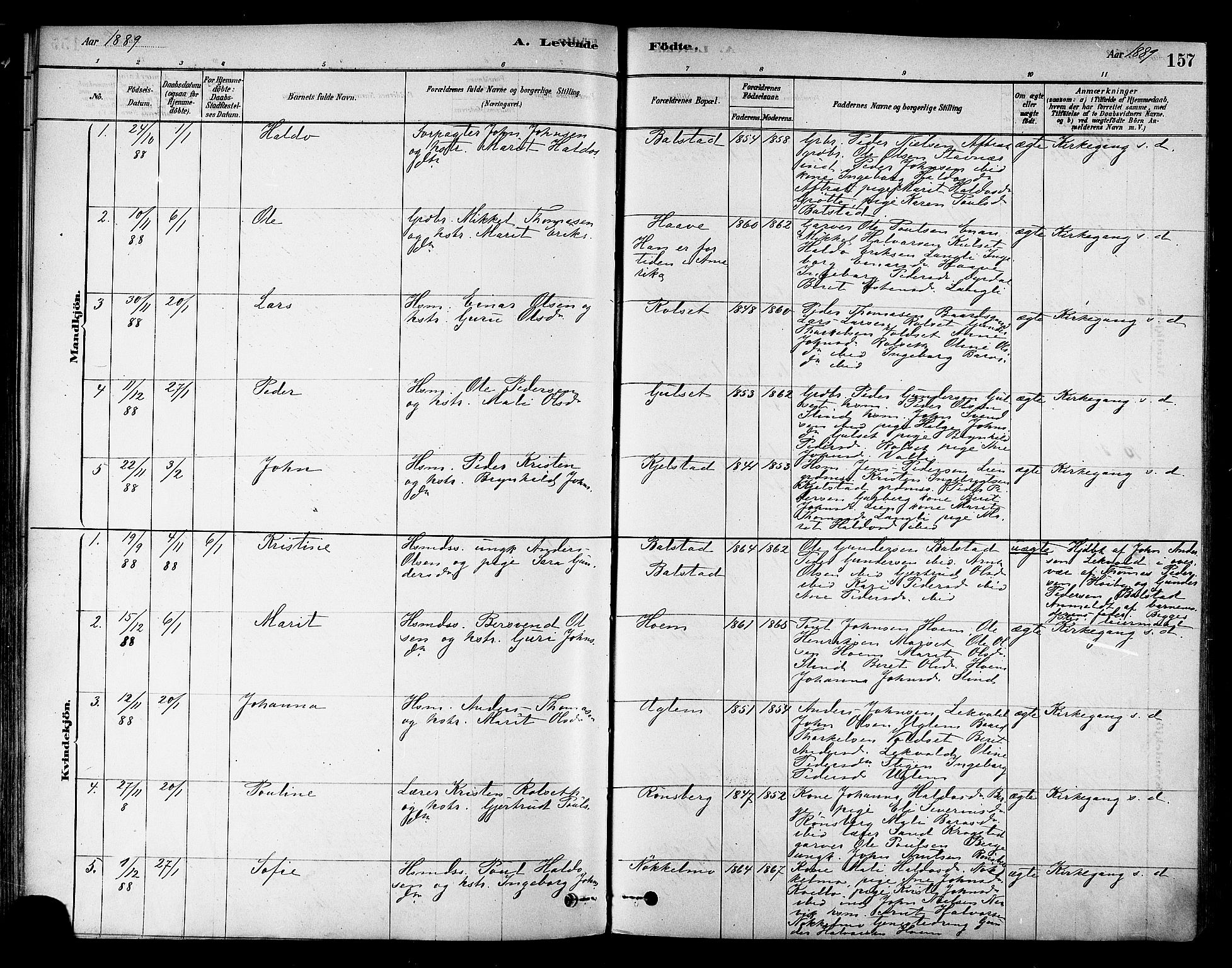 Ministerialprotokoller, klokkerbøker og fødselsregistre - Sør-Trøndelag, SAT/A-1456/695/L1148: Parish register (official) no. 695A08, 1878-1891, p. 157