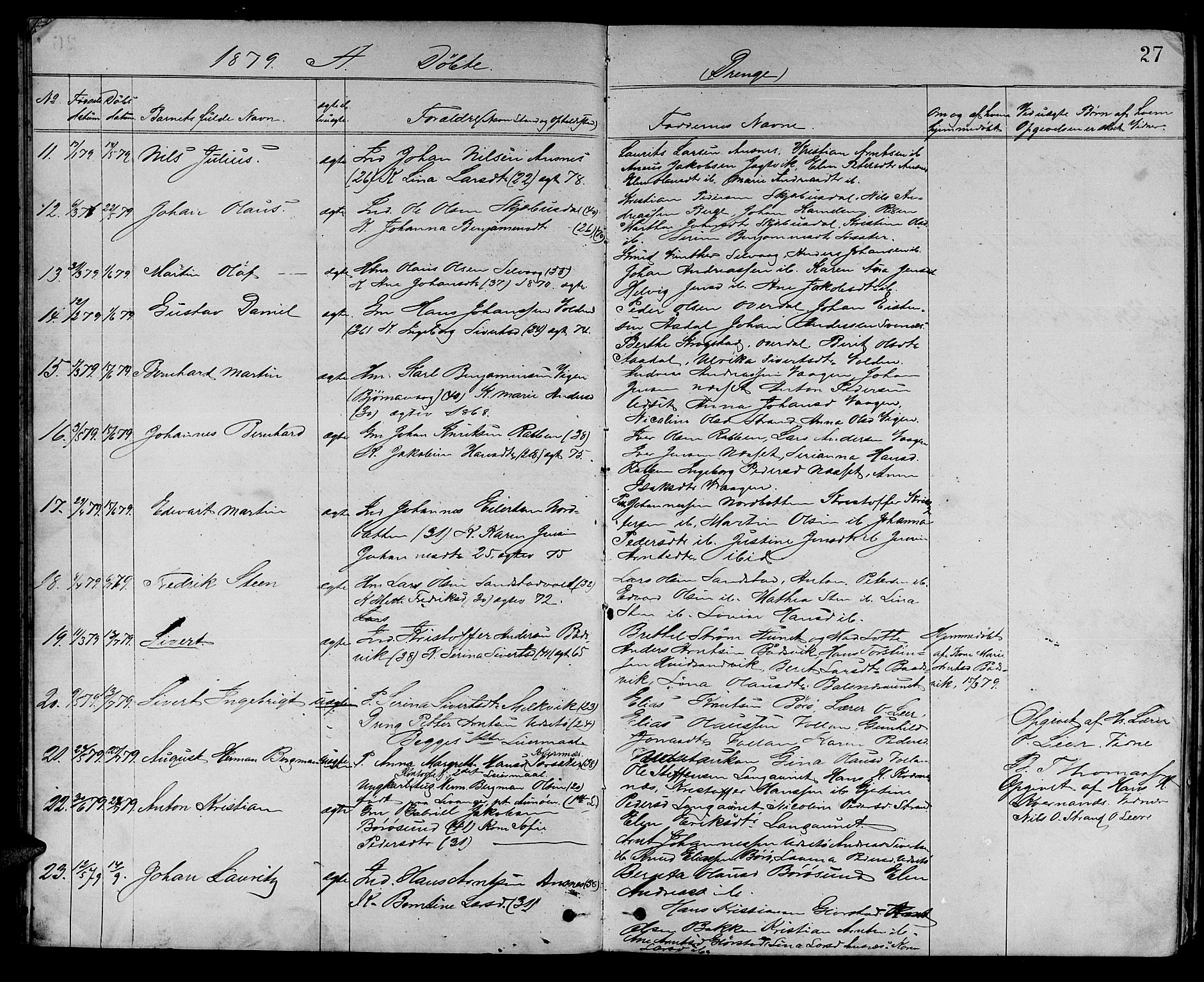 Ministerialprotokoller, klokkerbøker og fødselsregistre - Sør-Trøndelag, AV/SAT-A-1456/637/L0561: Parish register (copy) no. 637C02, 1873-1882, p. 27