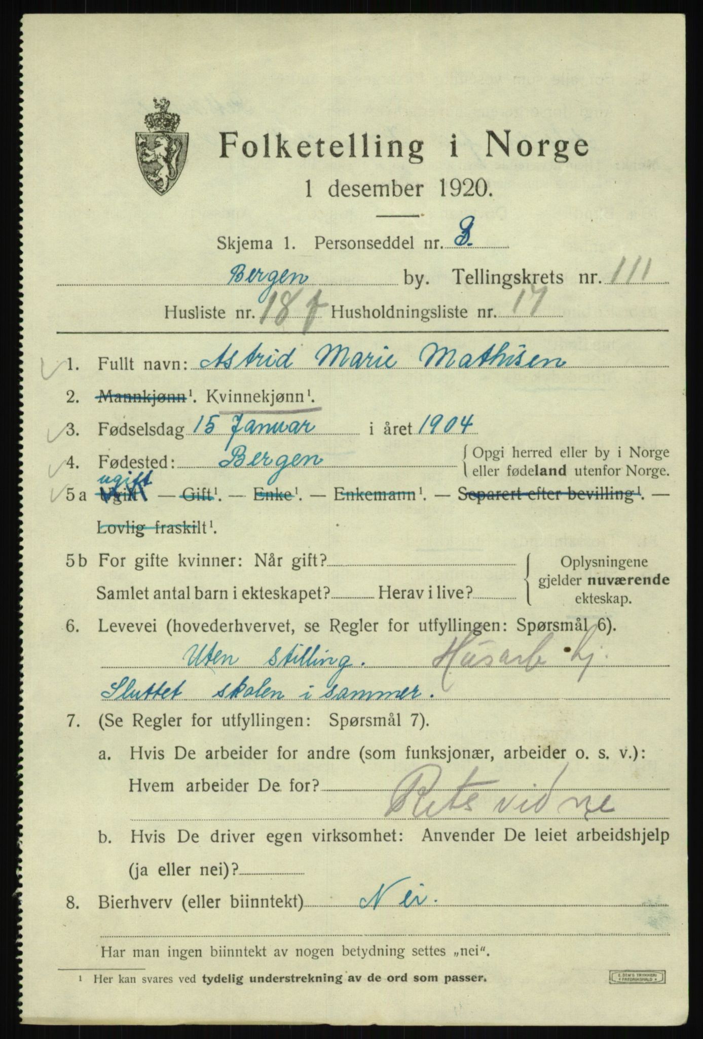 SAB, 1920 census for Bergen, 1920, p. 191749