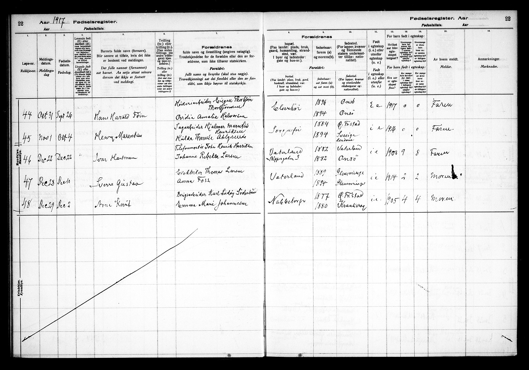 Østre Fredrikstad prestekontor Kirkebøker, AV/SAO-A-10907/J/Ja/L0001: Birth register no. 1, 1916-1936, p. 22