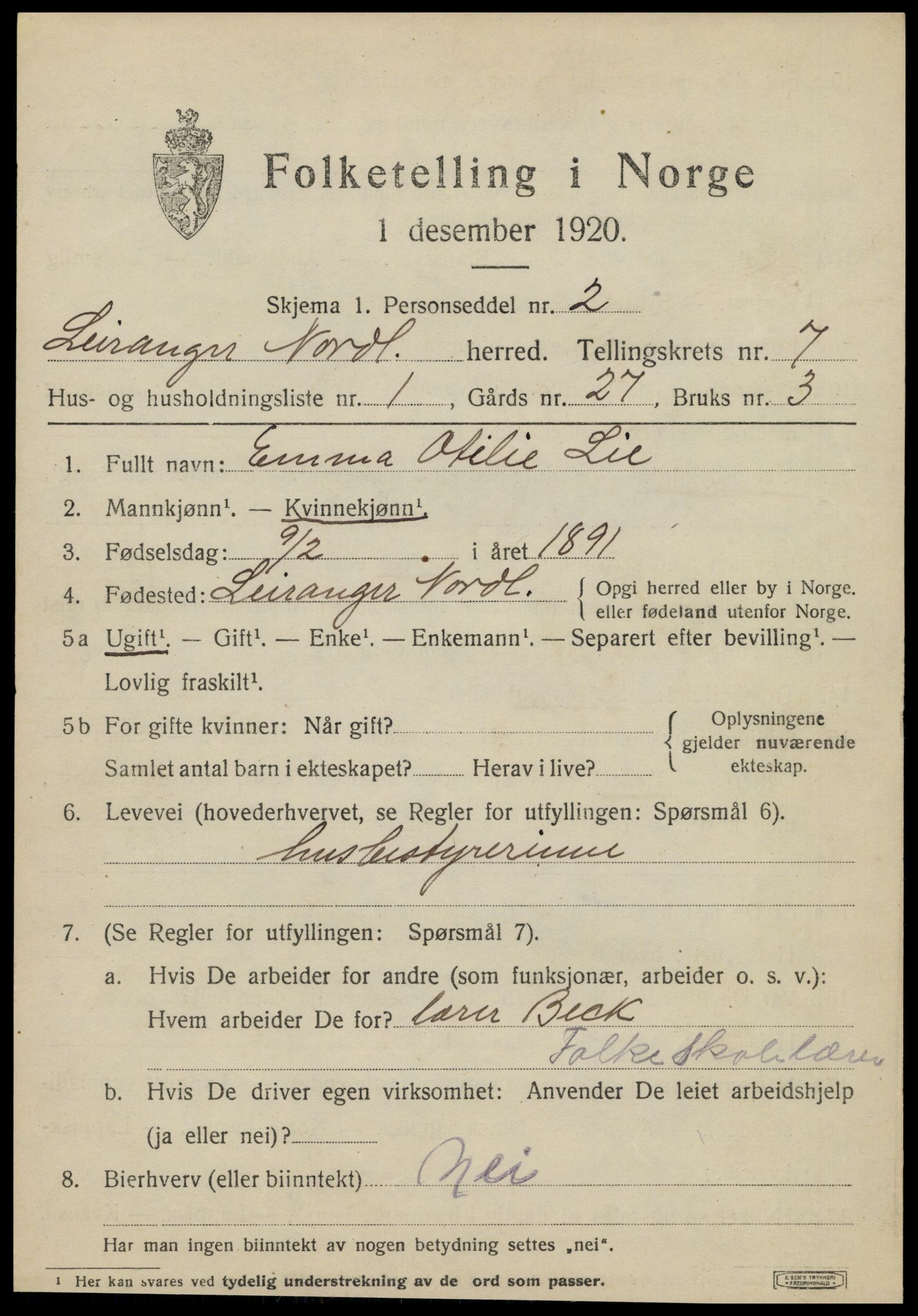 SAT, 1920 census for Leiranger, 1920, p. 2399