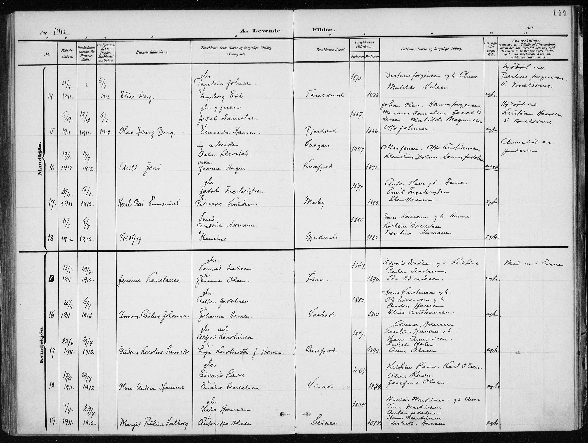 Ministerialprotokoller, klokkerbøker og fødselsregistre - Nordland, AV/SAT-A-1459/866/L0941: Parish register (official) no. 866A04, 1901-1917, p. 144