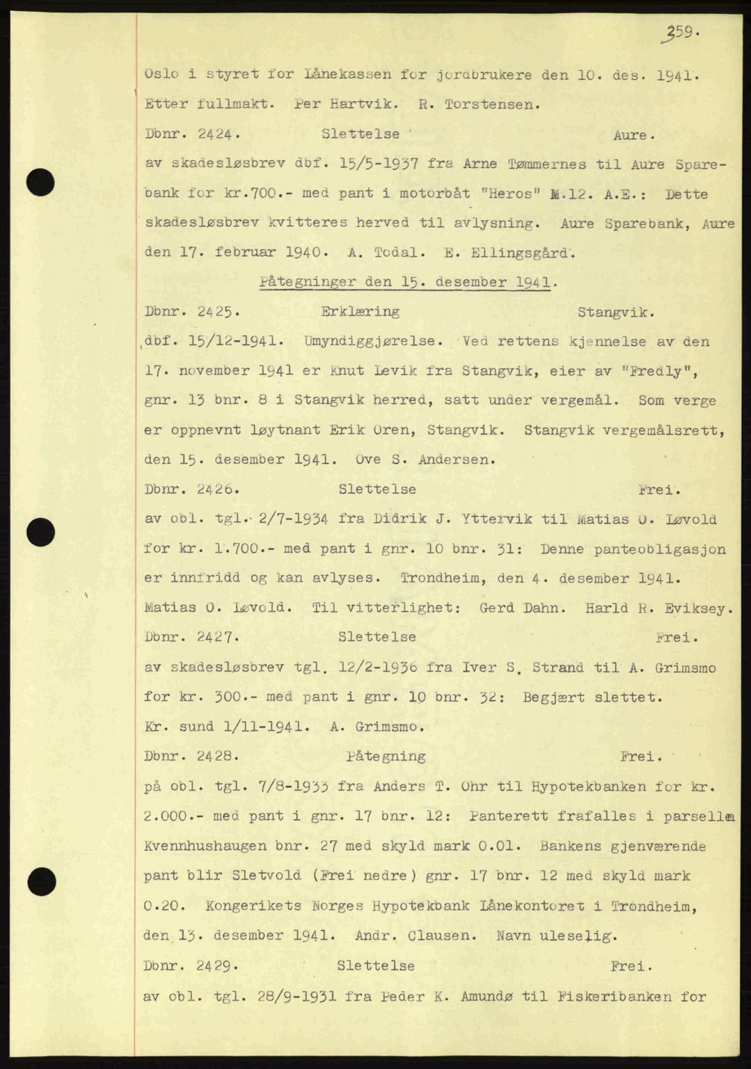 Nordmøre sorenskriveri, AV/SAT-A-4132/1/2/2Ca: Mortgage book no. C81, 1940-1945, Diary no: : 2425/1941