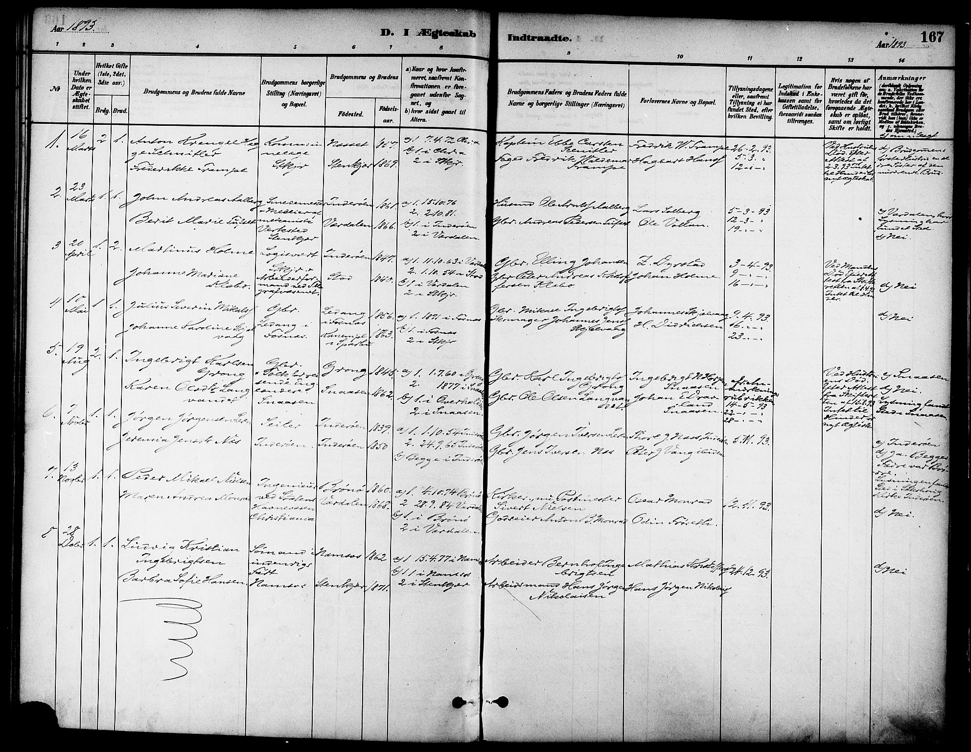Ministerialprotokoller, klokkerbøker og fødselsregistre - Nord-Trøndelag, SAT/A-1458/739/L0371: Parish register (official) no. 739A03, 1881-1895, p. 167
