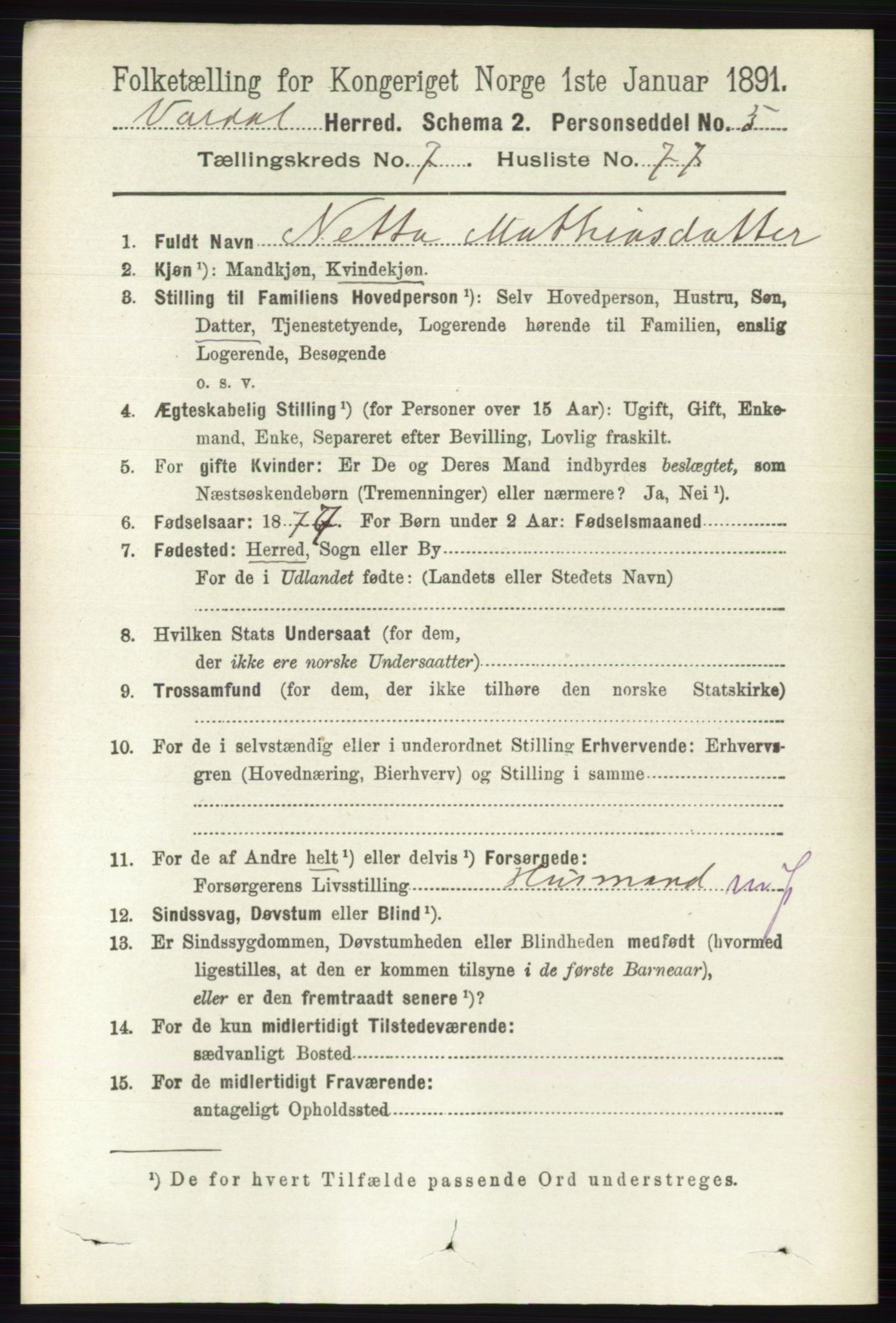 RA, 1891 census for 0527 Vardal, 1891, p. 3523