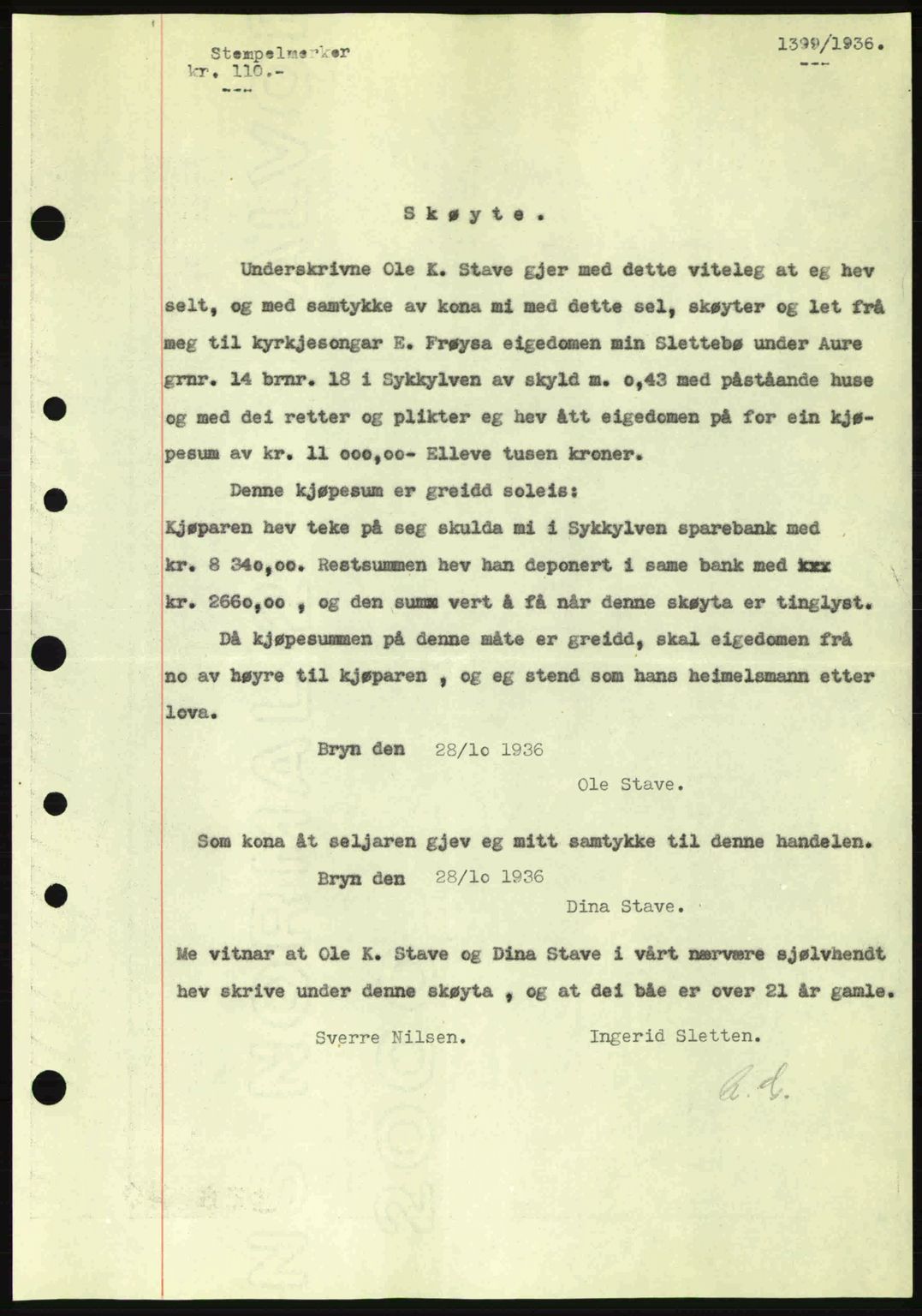 Nordre Sunnmøre sorenskriveri, AV/SAT-A-0006/1/2/2C/2Ca: Mortgage book no. A2, 1936-1937, Diary no: : 1399/1936