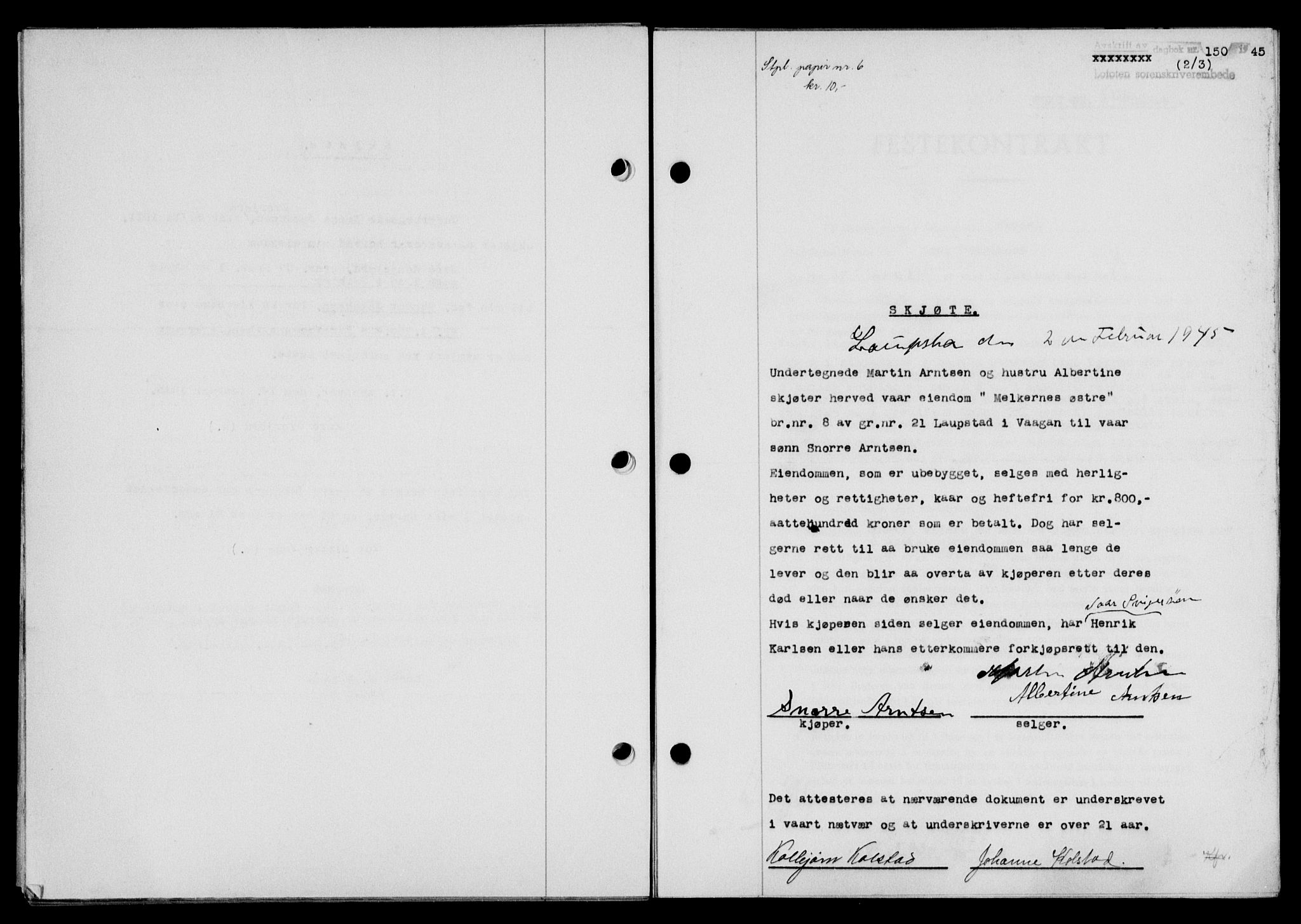 Lofoten sorenskriveri, SAT/A-0017/1/2/2C/L0013a: Mortgage book no. 13a, 1944-1946, Diary no: : 150/1945