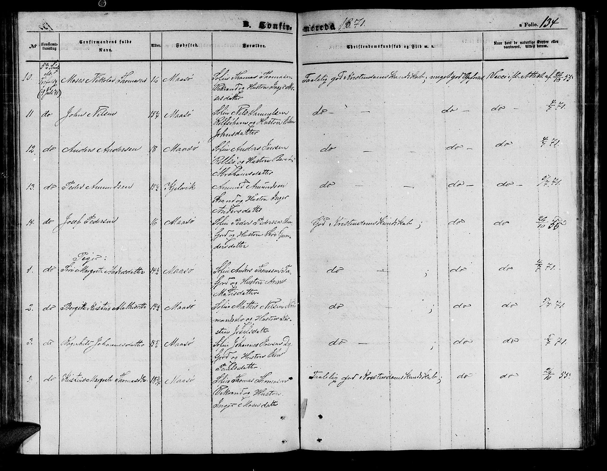 Måsøy sokneprestkontor, AV/SATØ-S-1348/H/Hb/L0001klokker: Parish register (copy) no. 1, 1852-1877, p. 134