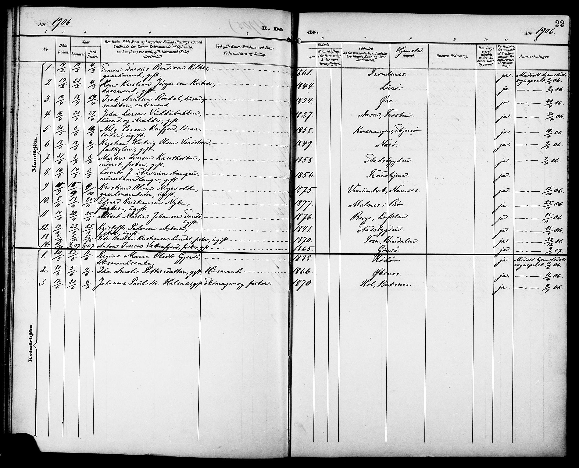 Ministerialprotokoller, klokkerbøker og fødselsregistre - Sør-Trøndelag, AV/SAT-A-1456/629/L0486: Parish register (official) no. 629A02, 1894-1919, p. 22