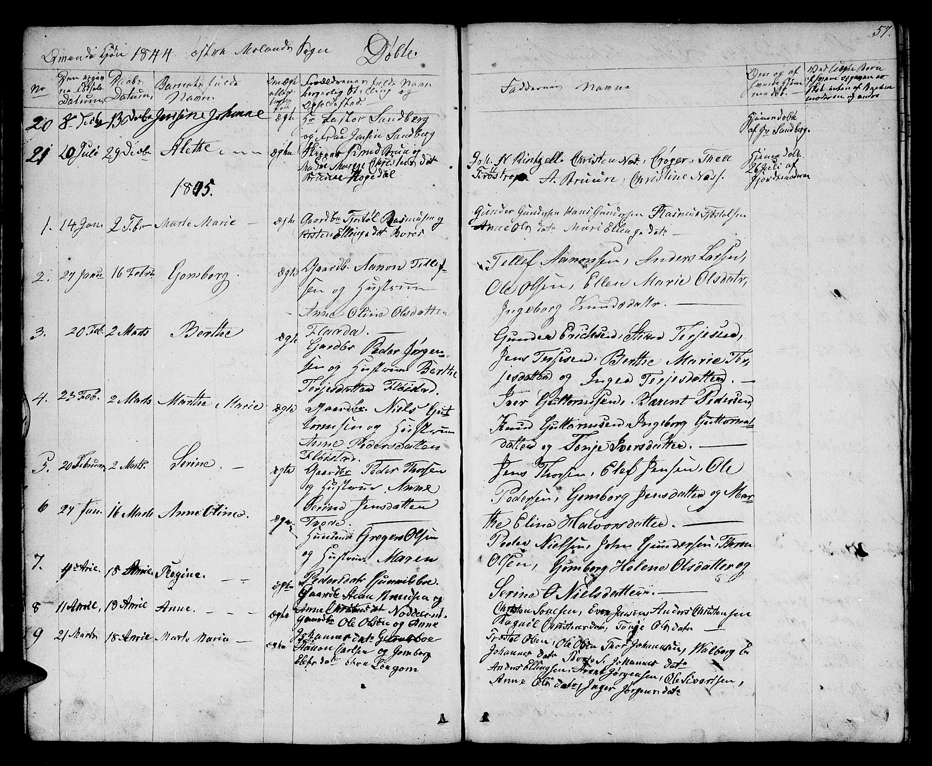 Austre Moland sokneprestkontor, SAK/1111-0001/F/Fb/Fba/L0001: Parish register (copy) no. B 1, 1842-1868, p. 57