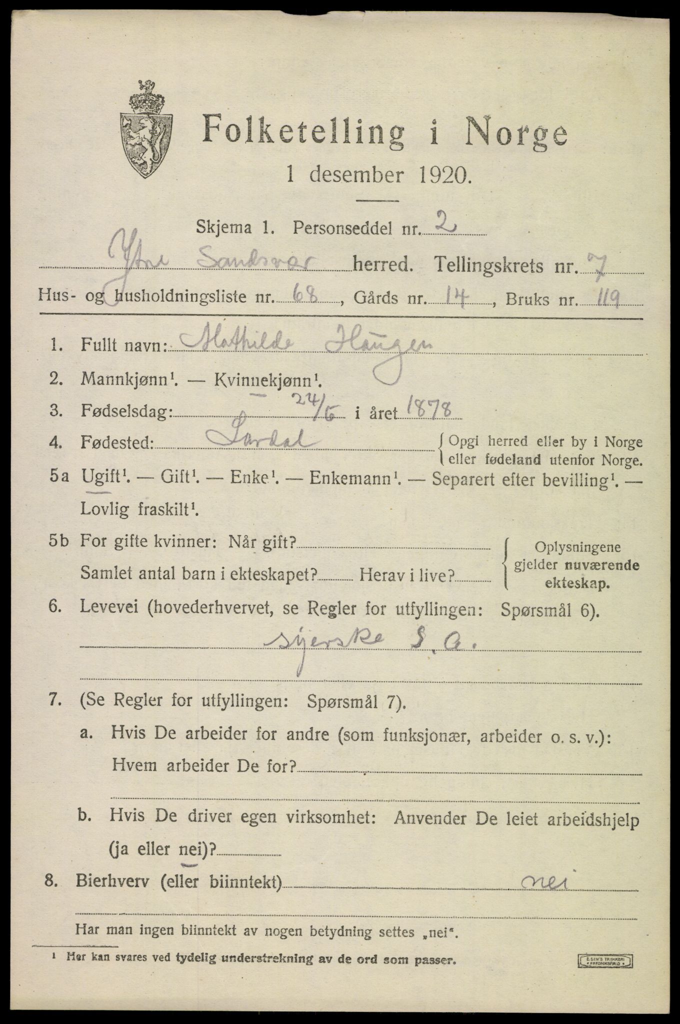 SAKO, 1920 census for Ytre Sandsvær, 1920, p. 6872