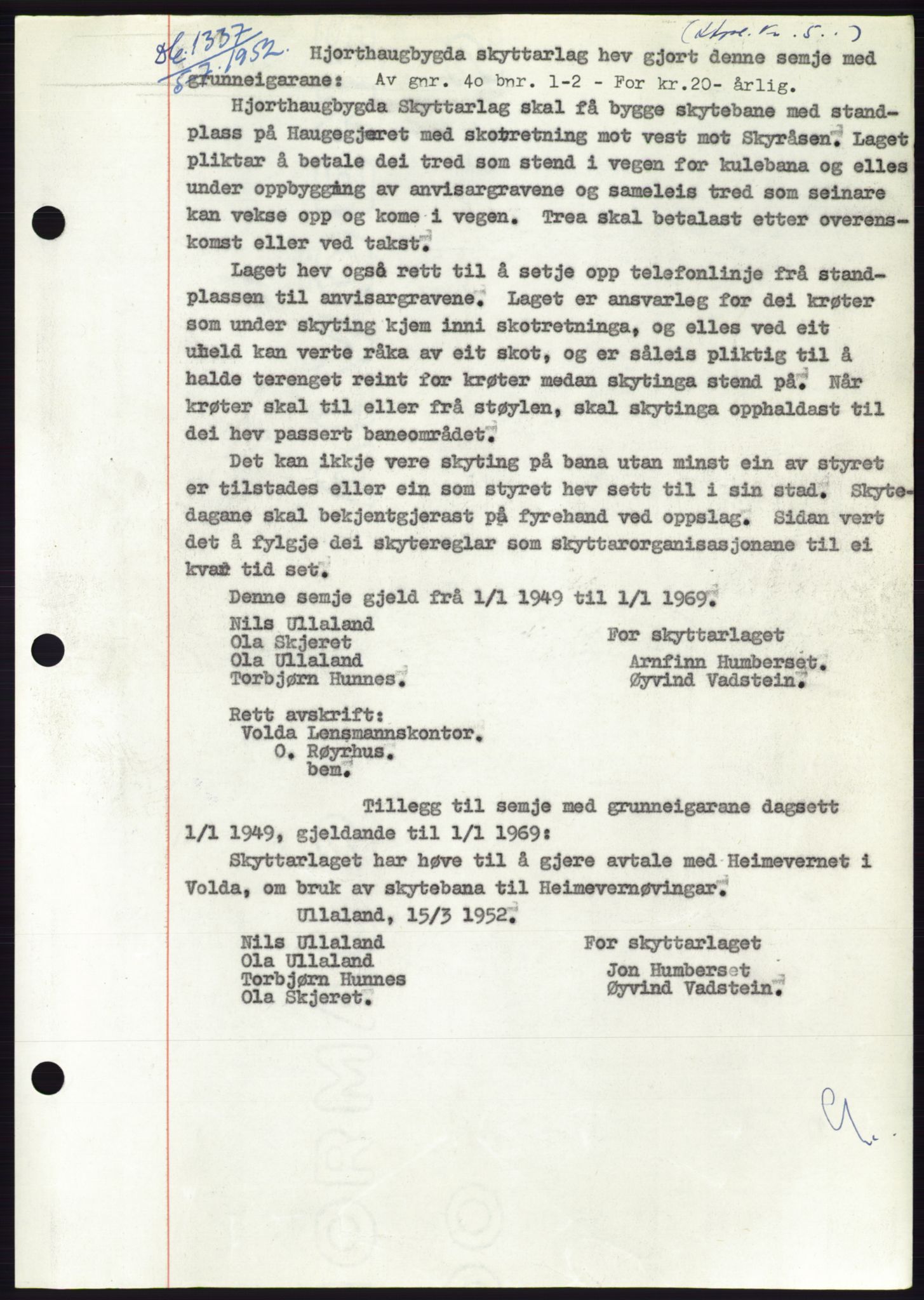 Søre Sunnmøre sorenskriveri, AV/SAT-A-4122/1/2/2C/L0121: Mortgage book no. 9B, 1951-1952, Diary no: : 1337/1952