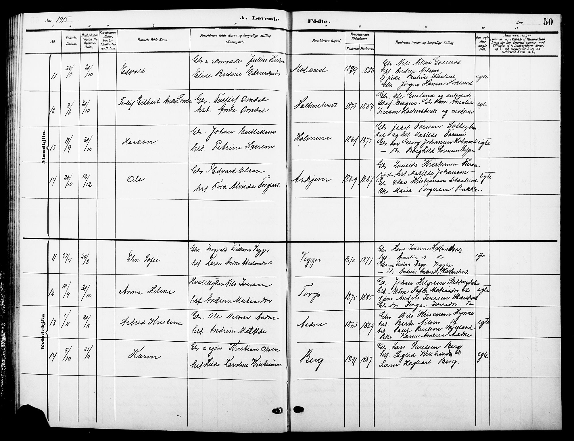 Andebu kirkebøker, SAKO/A-336/G/Ga/L0005: Parish register (copy) no. I 5, 1901-1925, p. 50