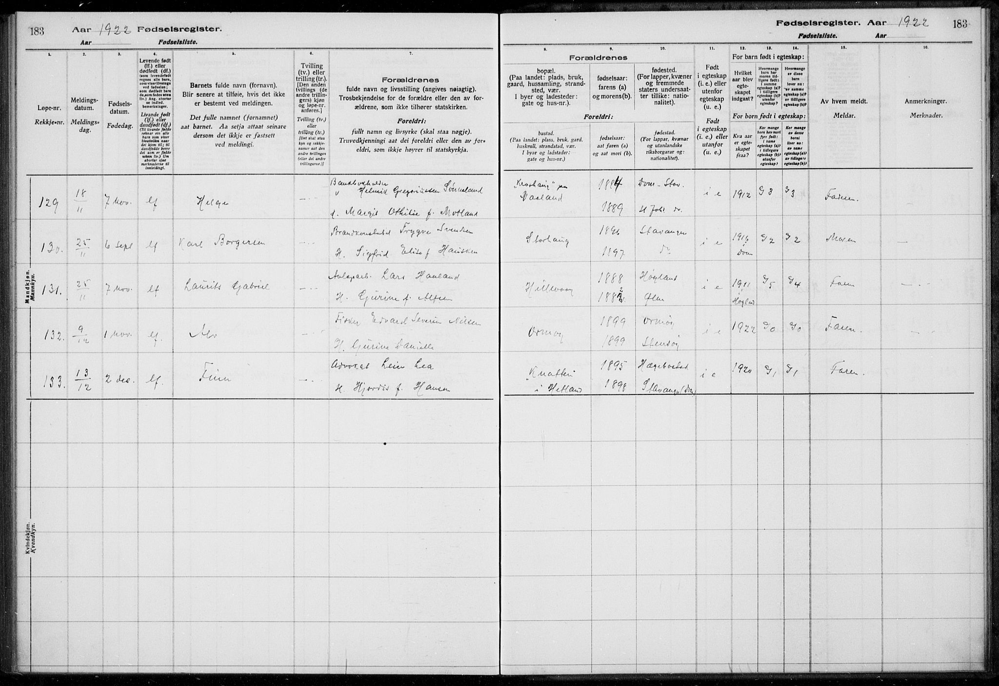 Hetland sokneprestkontor, AV/SAST-A-101826/70/704BA/L0003: Birth register no. 1, 1916-1923, p. 183