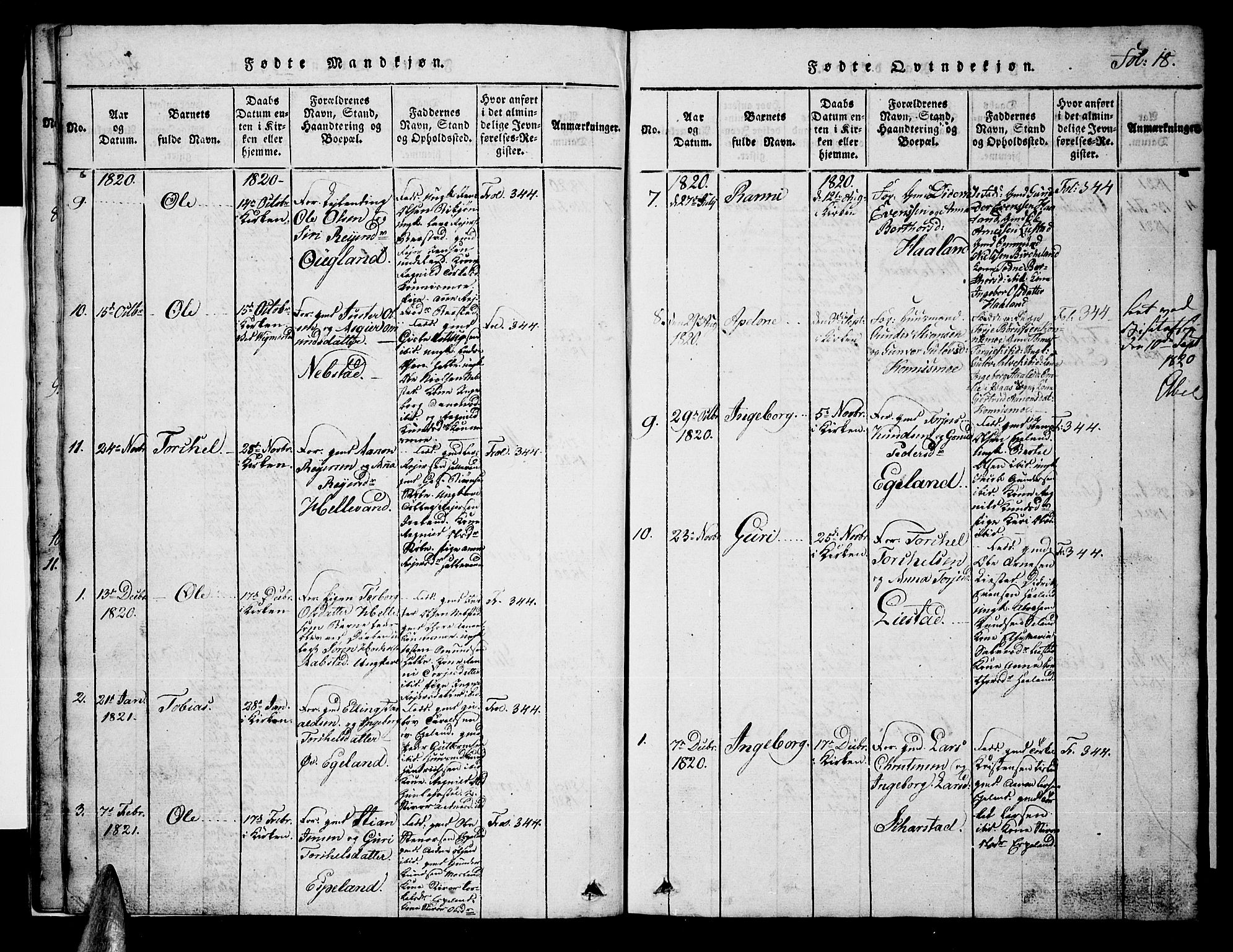 Nord-Audnedal sokneprestkontor, SAK/1111-0032/F/Fb/Fba/L0001: Parish register (copy) no. B 1, 1815-1856, p. 18