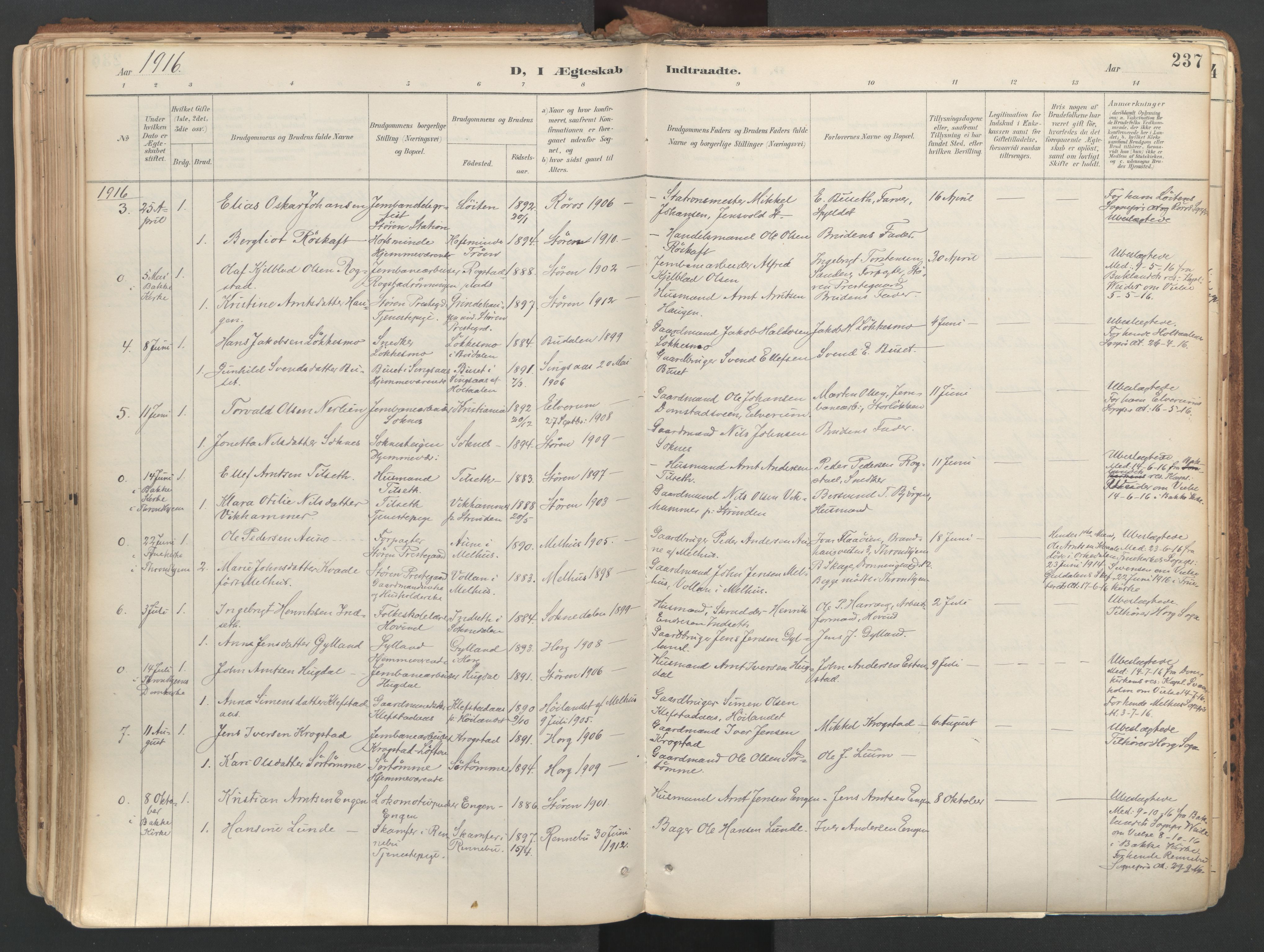 Ministerialprotokoller, klokkerbøker og fødselsregistre - Sør-Trøndelag, SAT/A-1456/687/L1004: Parish register (official) no. 687A10, 1891-1923, p. 237