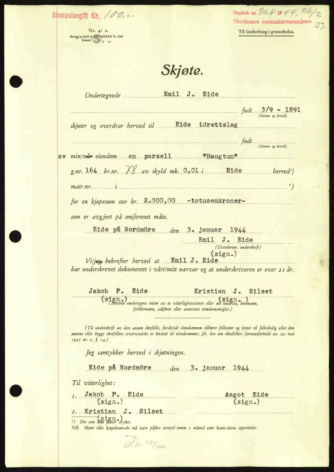 Nordmøre sorenskriveri, AV/SAT-A-4132/1/2/2Ca: Mortgage book no. A97, 1944-1944, Diary no: : 364/1944