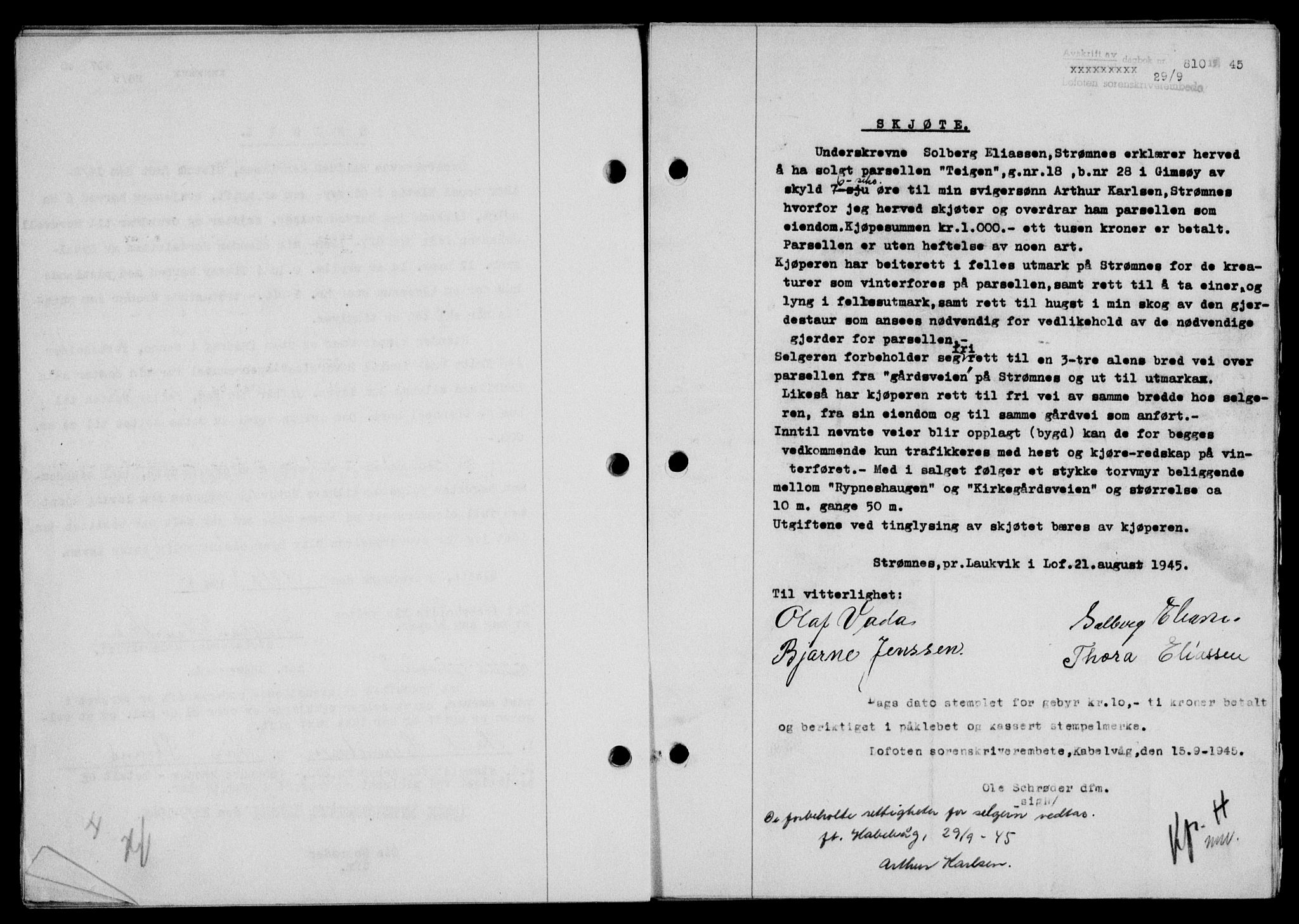 Lofoten sorenskriveri, SAT/A-0017/1/2/2C/L0013a: Mortgage book no. 13a, 1944-1946, Diary no: : 810/1945