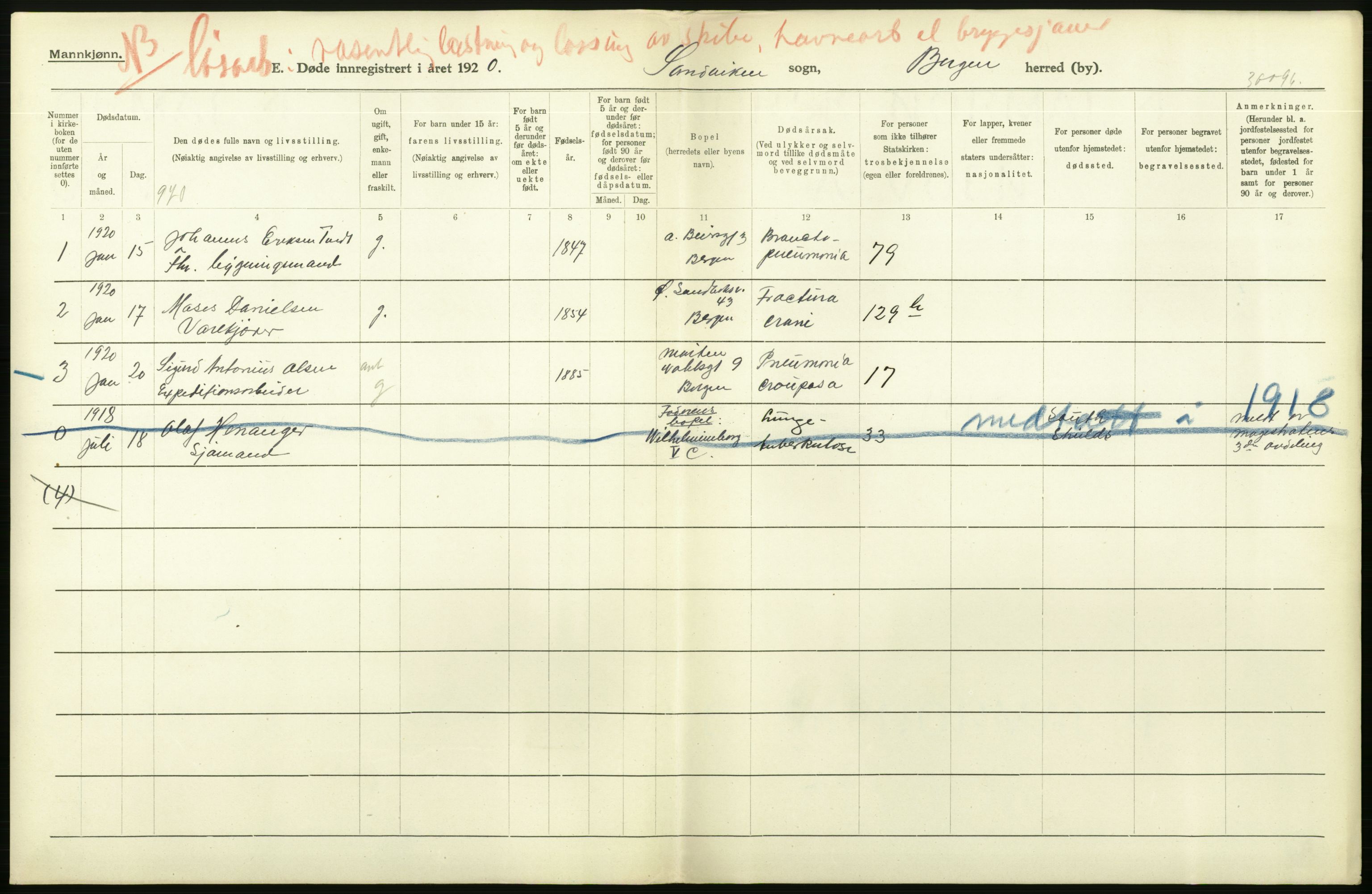 Statistisk sentralbyrå, Sosiodemografiske emner, Befolkning, AV/RA-S-2228/D/Df/Dfb/Dfbj/L0042: Bergen: Gifte, døde, dødfødte., 1920, p. 476